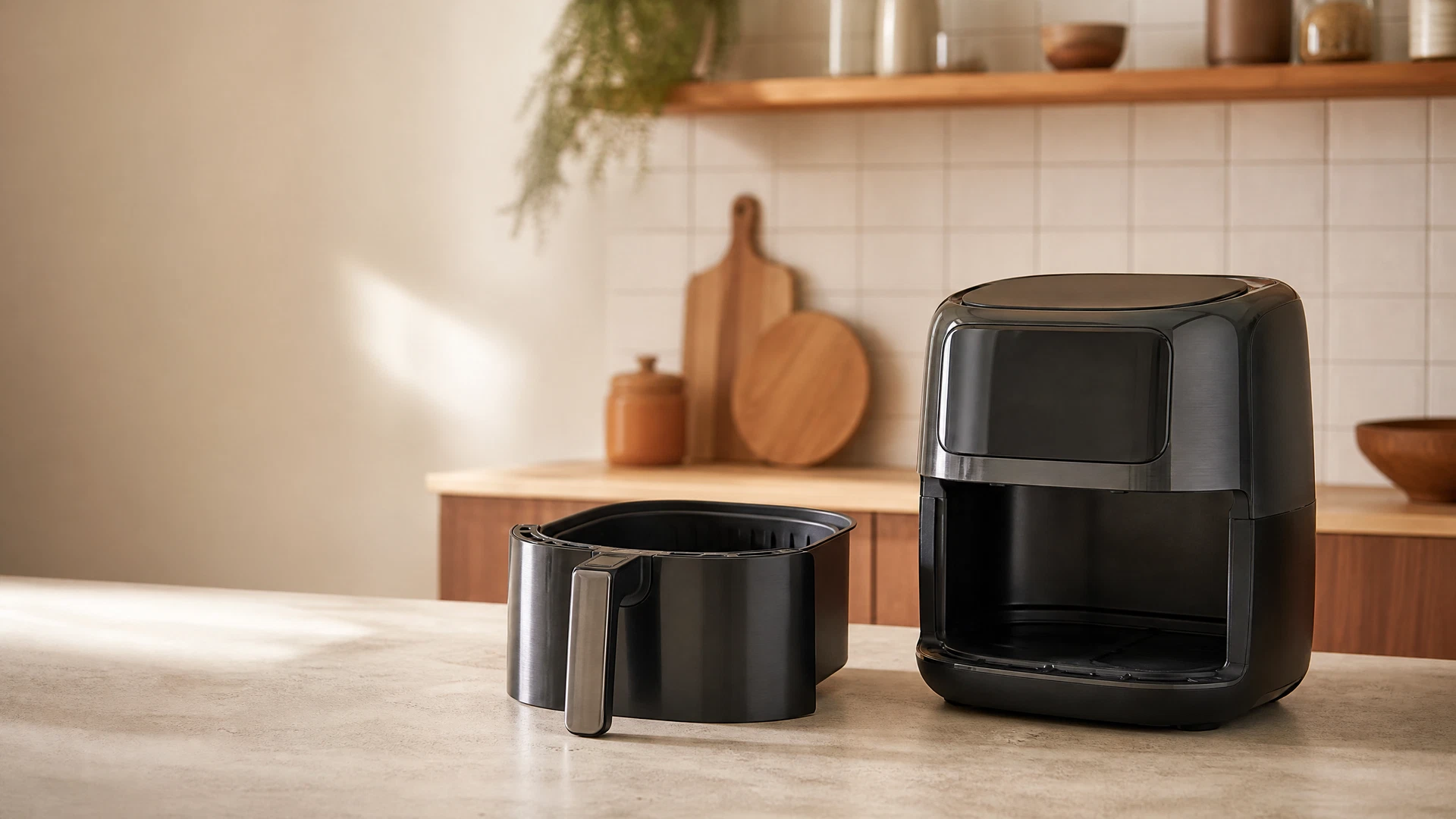 Air Fryer genérica de gaveta com cesto removível vazio sobre bancada clara, representando um comparativo de modelos de 5 litros.
