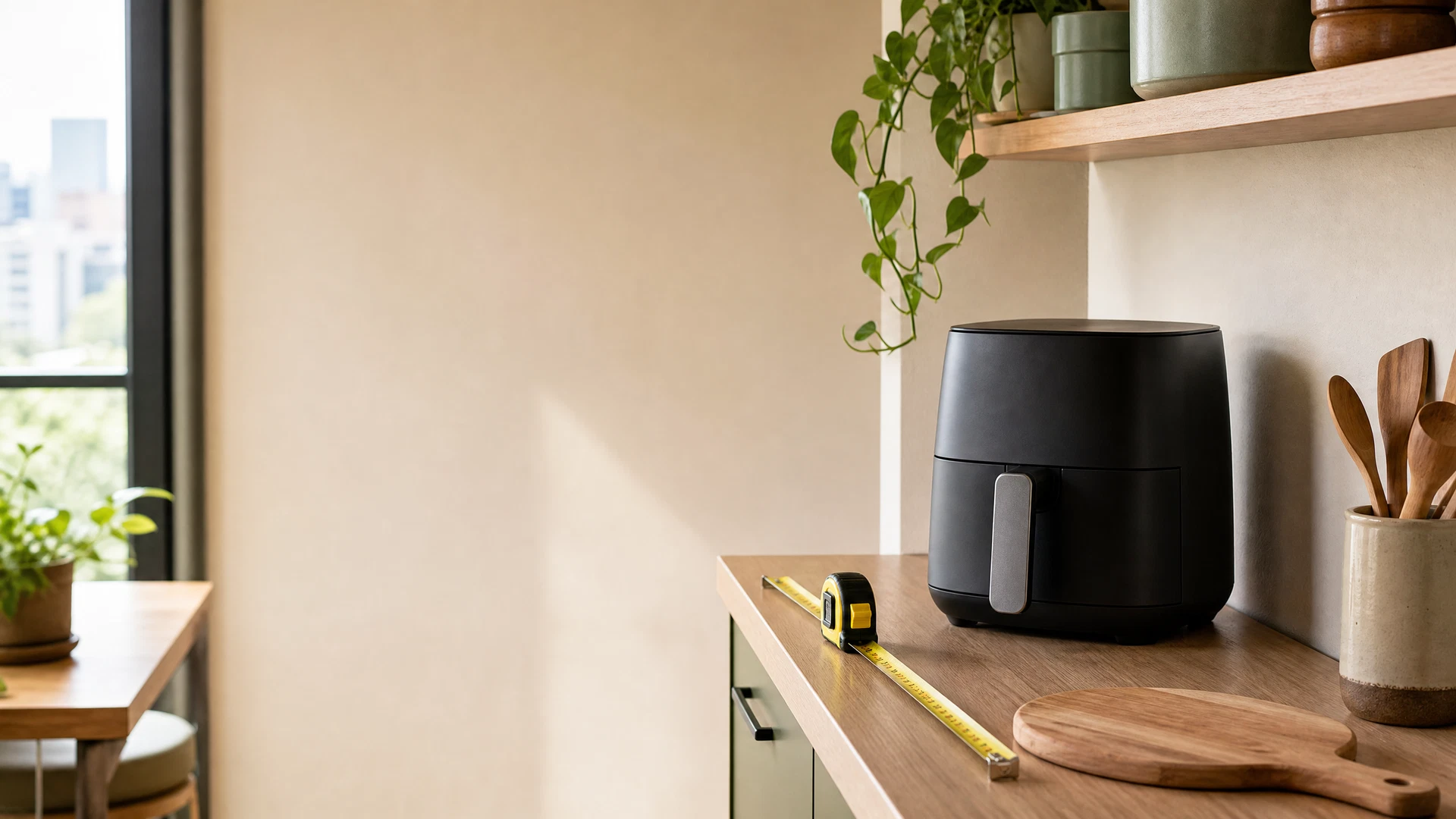 Air Fryer genérica compacta sobre bancada estreita de cozinha pequena, com fita métrica ao lado para representar comparação de medidas.