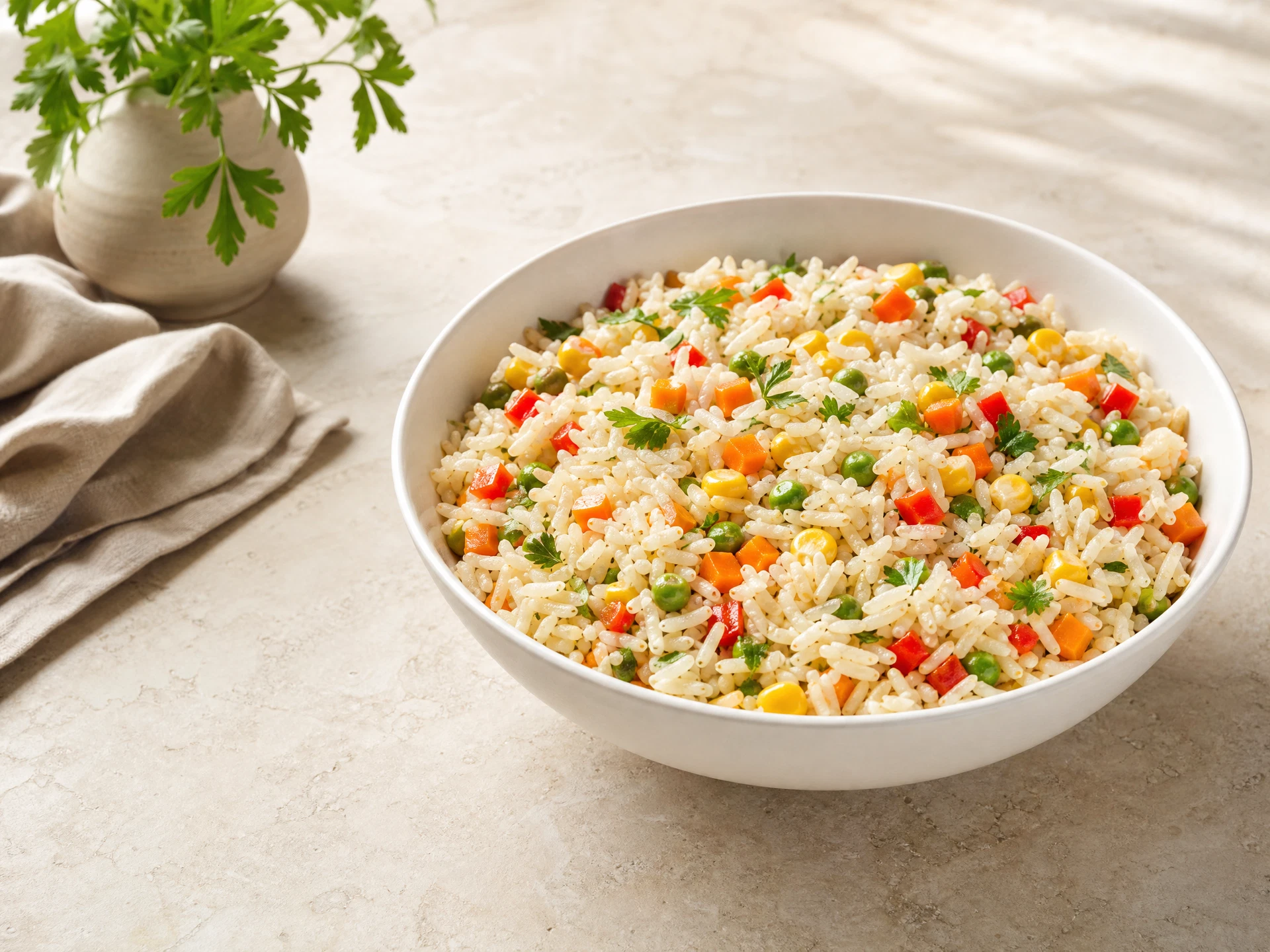 Arroz à grega com cenoura, ervilha, milho e pimentão servido em tigela clara.