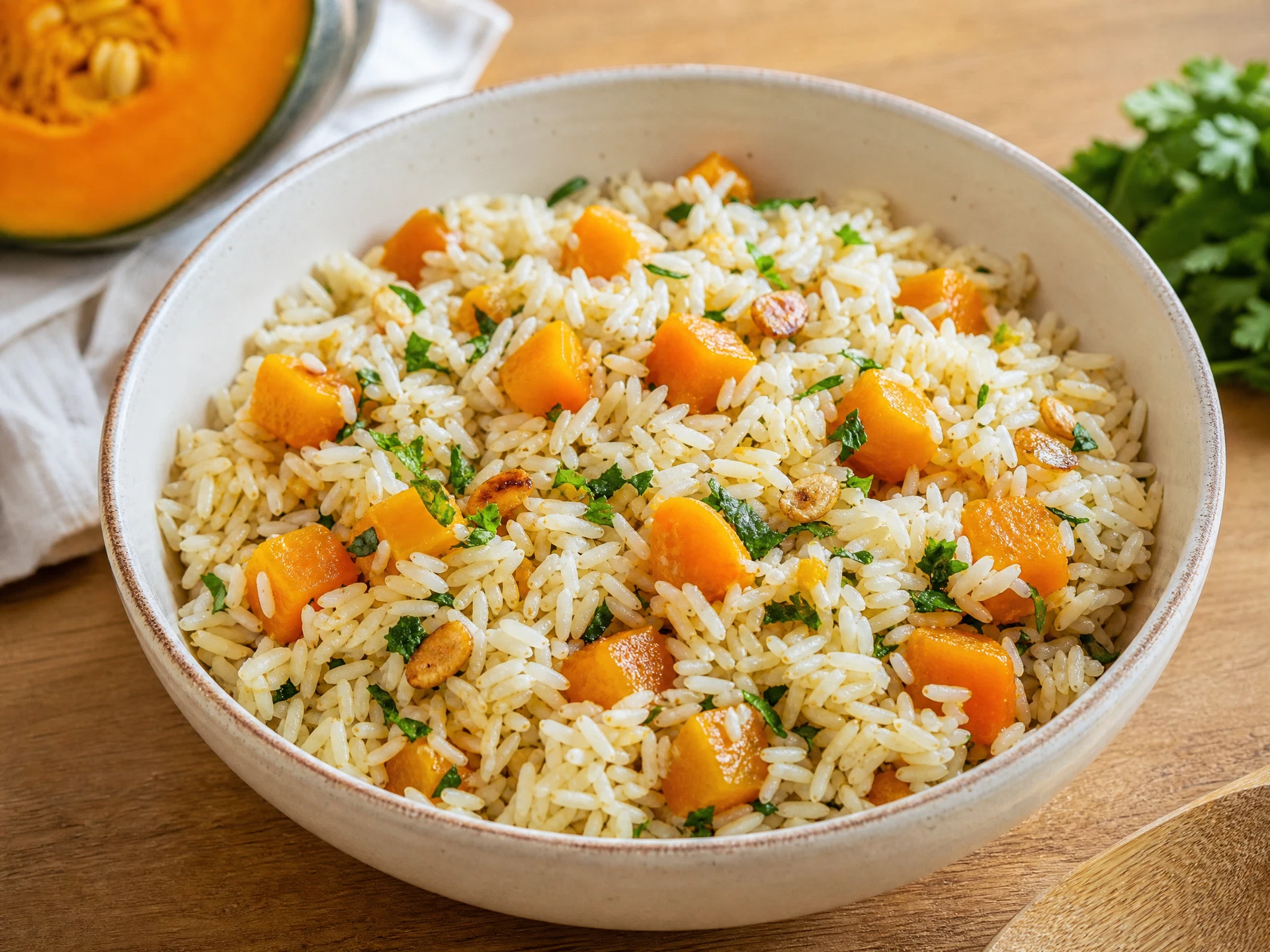 Arroz branco soltinho com cubos macios de abóbora e cheiro-verde em tigela.