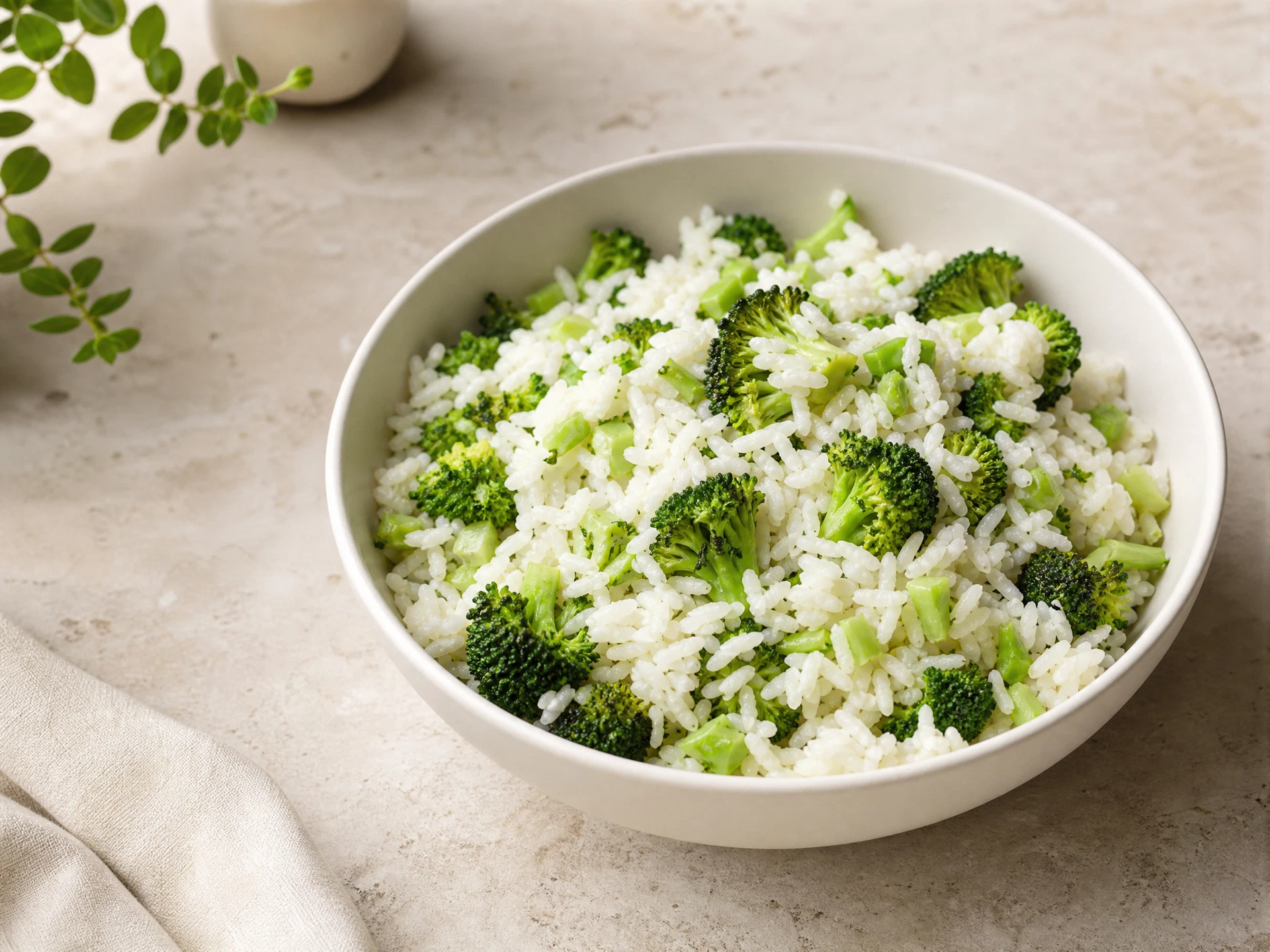 Arroz branco soltinho misturado com floretes verdes de brócolis em tigela clara.