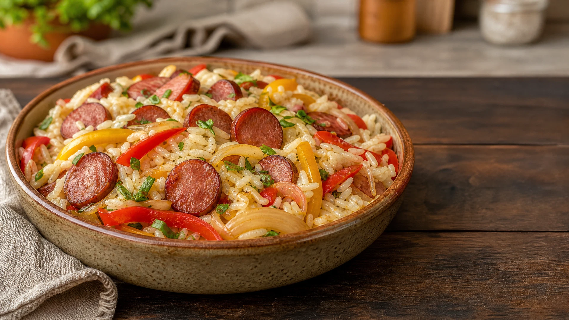 Arroz com calabresa, pimentão e ervas servido em uma tigela de cerâmica.