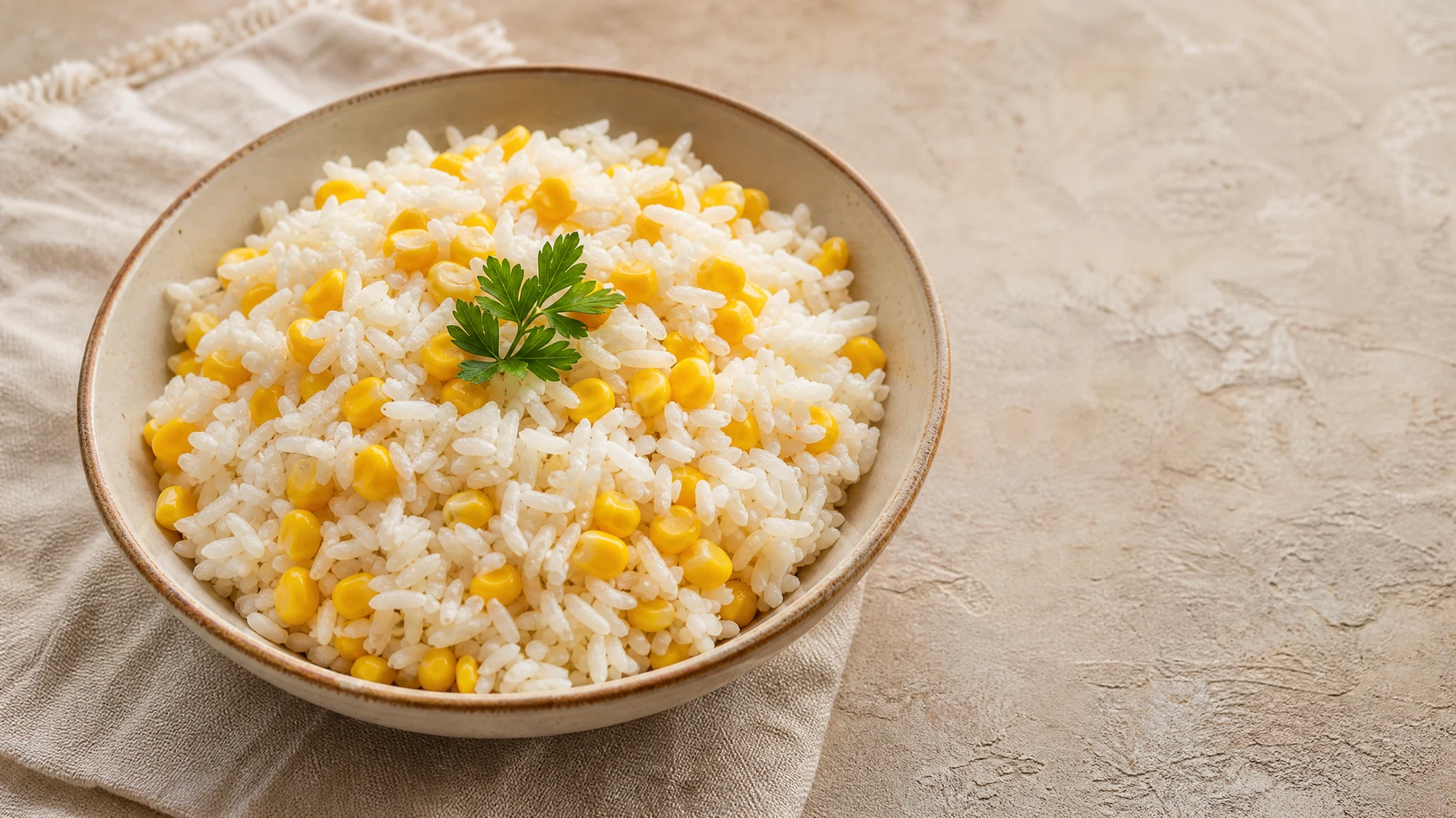 Arroz branco soltinho com milho-verde servido em tigela clara.