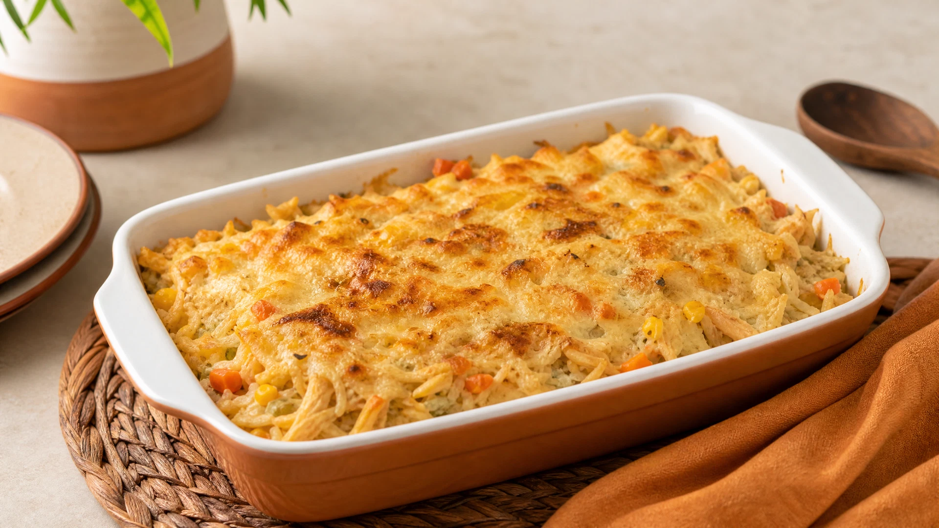 Arroz de forno cremoso com queijo dourado servido em refratário de cerâmica.