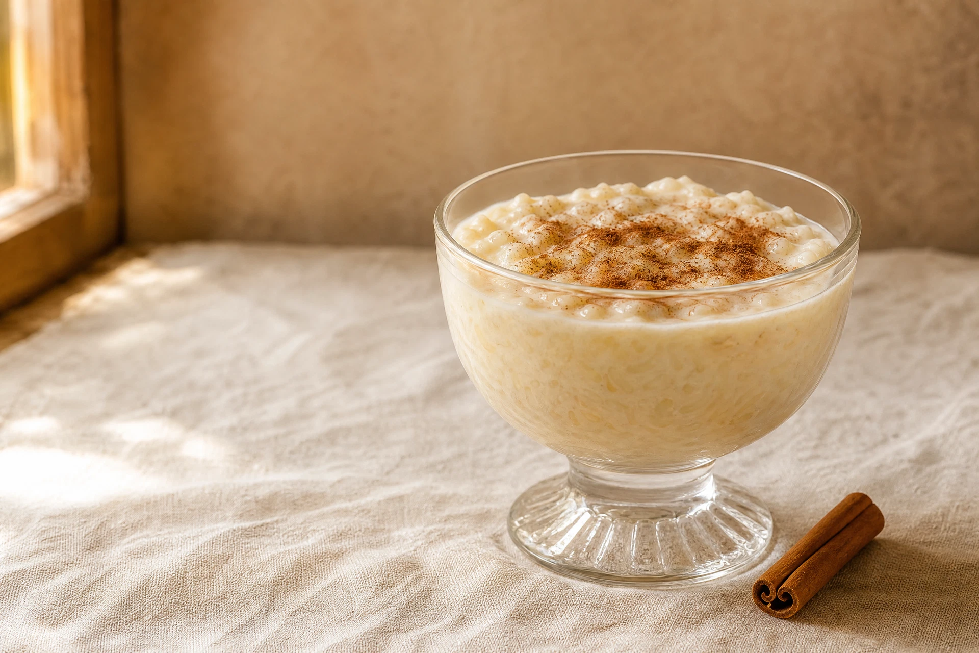 Arroz-doce cremoso com canela servido em taça de vidro.