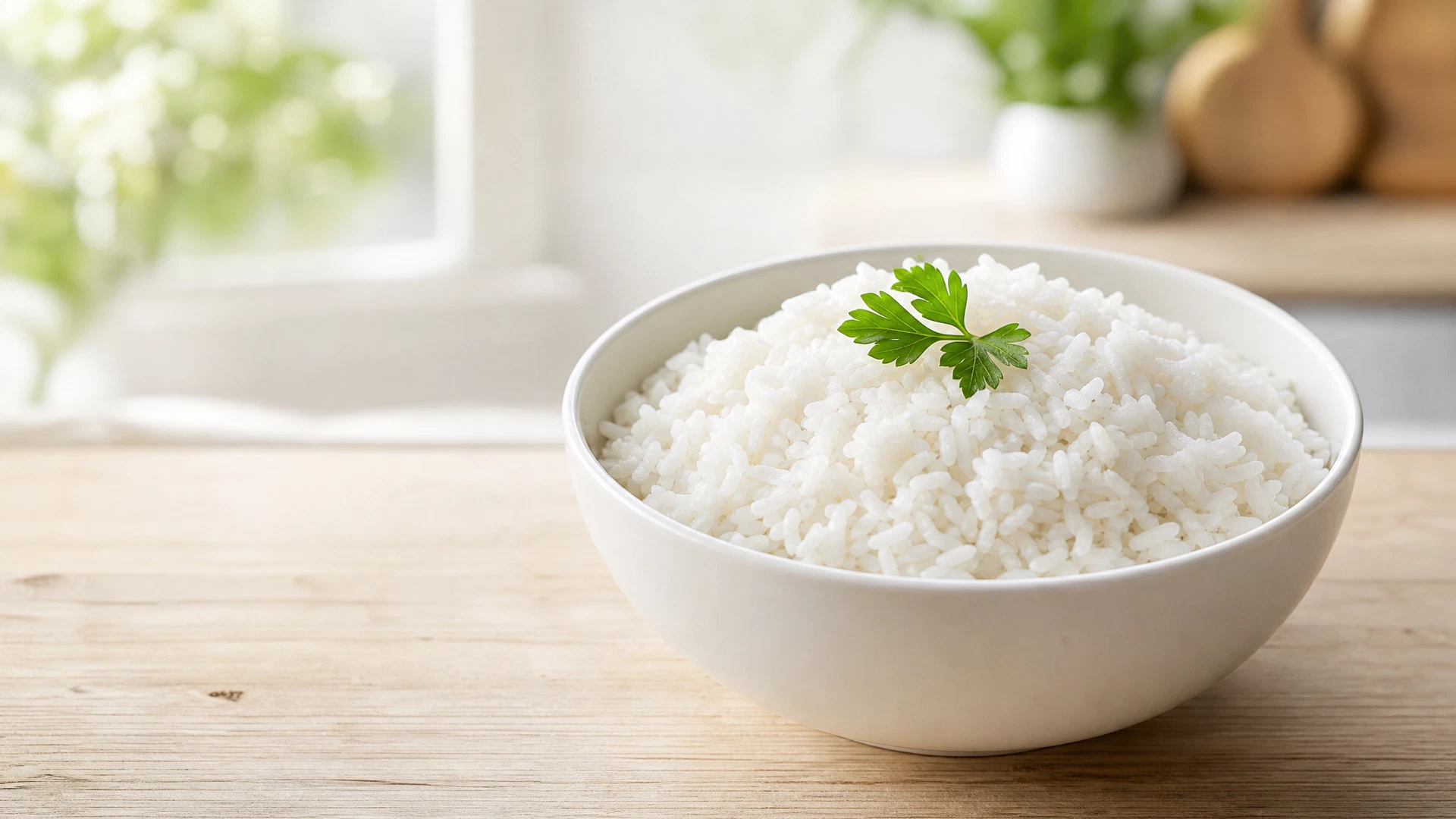 Arroz escorrido branco e soltinho servido em uma tigela simples de cerâmica.