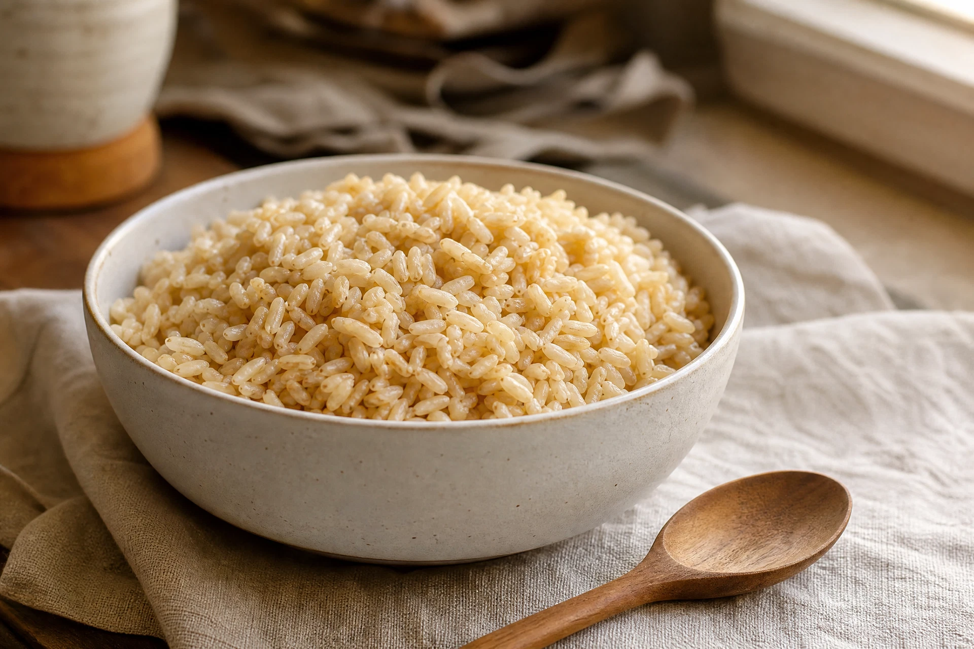 Arroz integral soltinho servido em tigela de cerâmica clara.