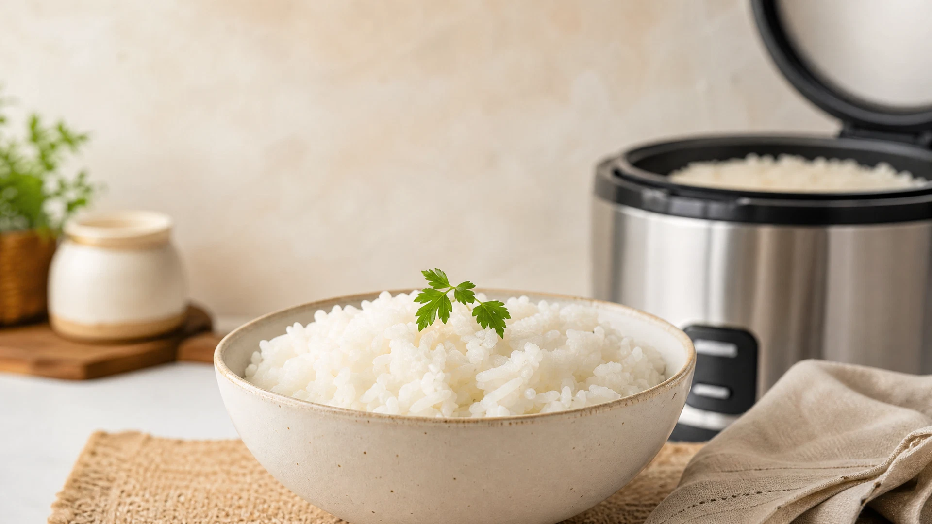 Arroz branco soltinho servido ao lado de uma panela elétrica aberta.