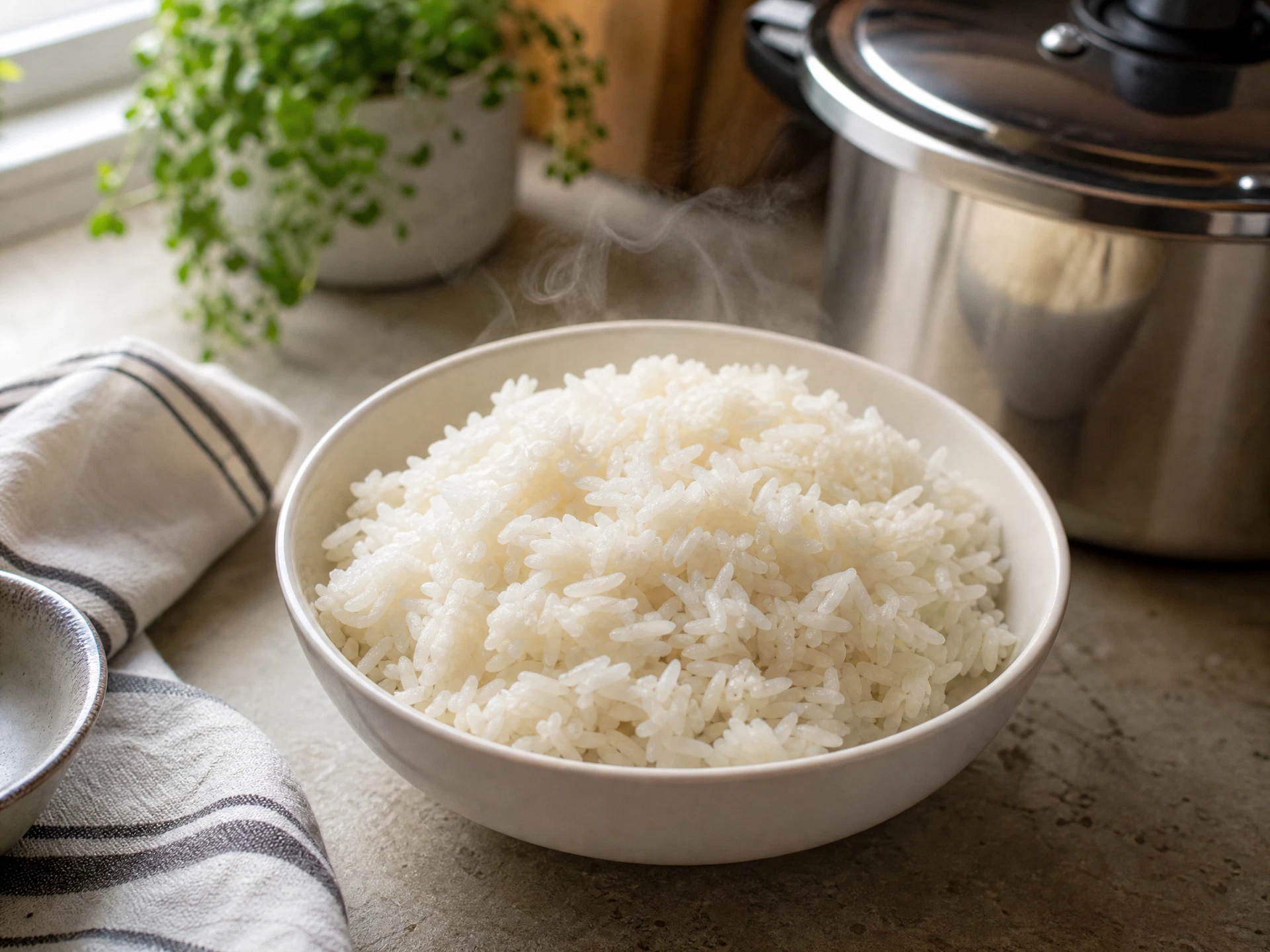 Arroz branco soltinho em tigela com panela de pressão desfocada ao fundo.