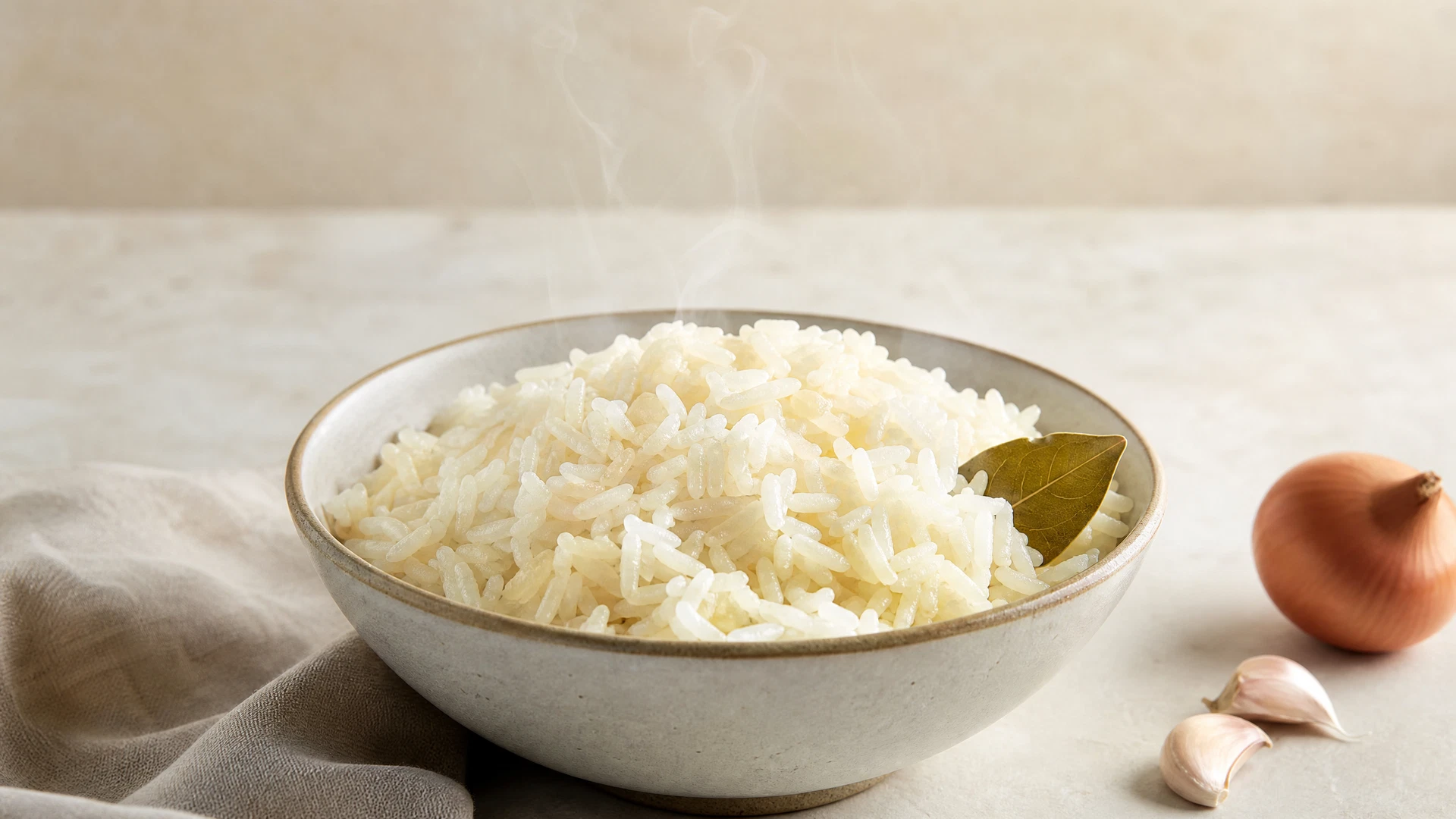 Arroz parboilizado soltinho servido em tigela clara com folha de louro.