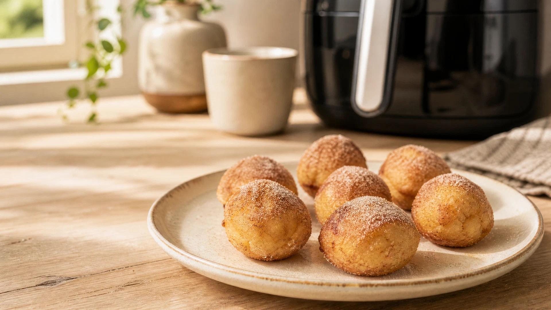 Bolinhos de chuva assados na Airfryer, dourados e polvilhados com açúcar e canela em prato claro.