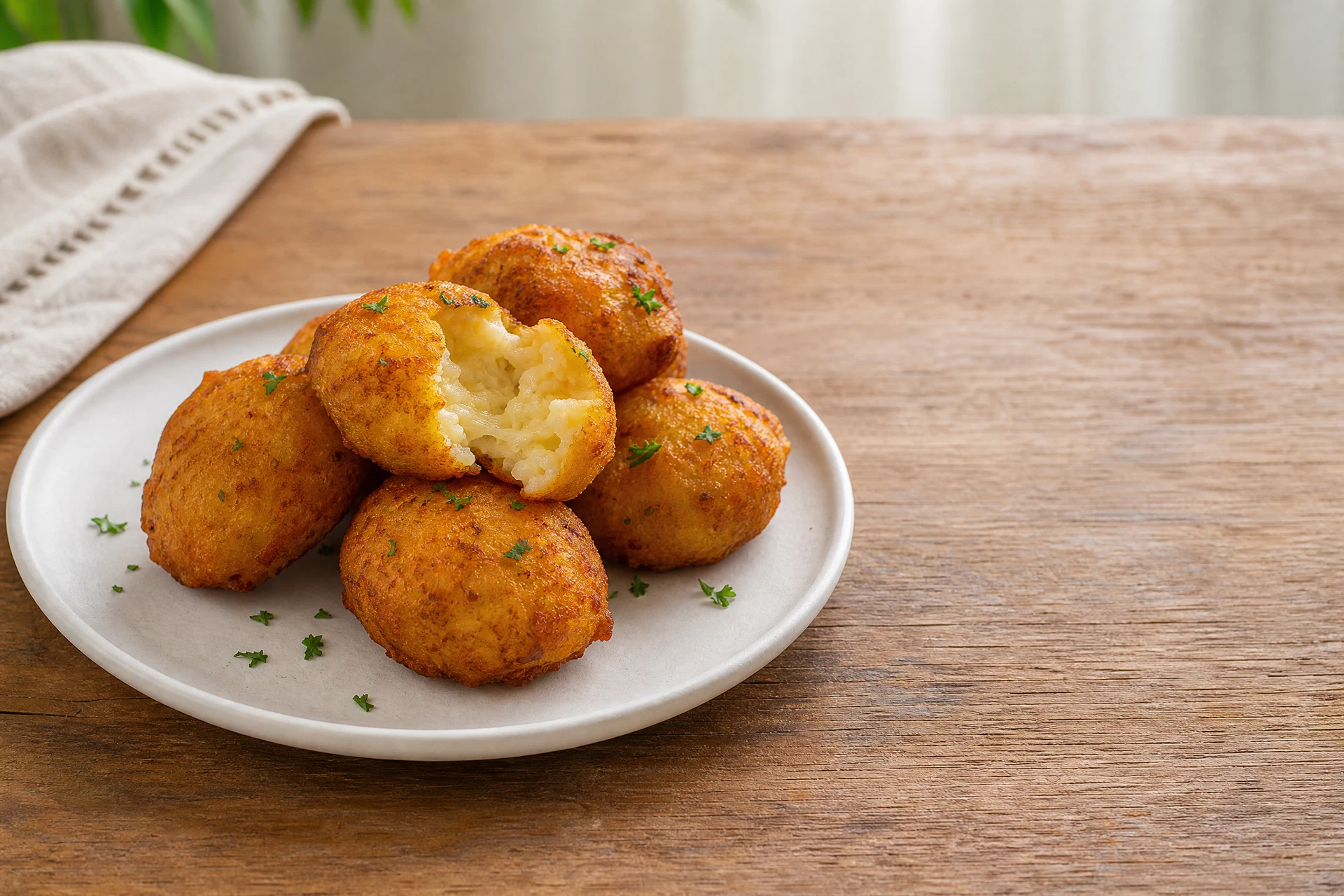 Bolinho de arroz dourado e crocante aberto mostrando o recheio macio.