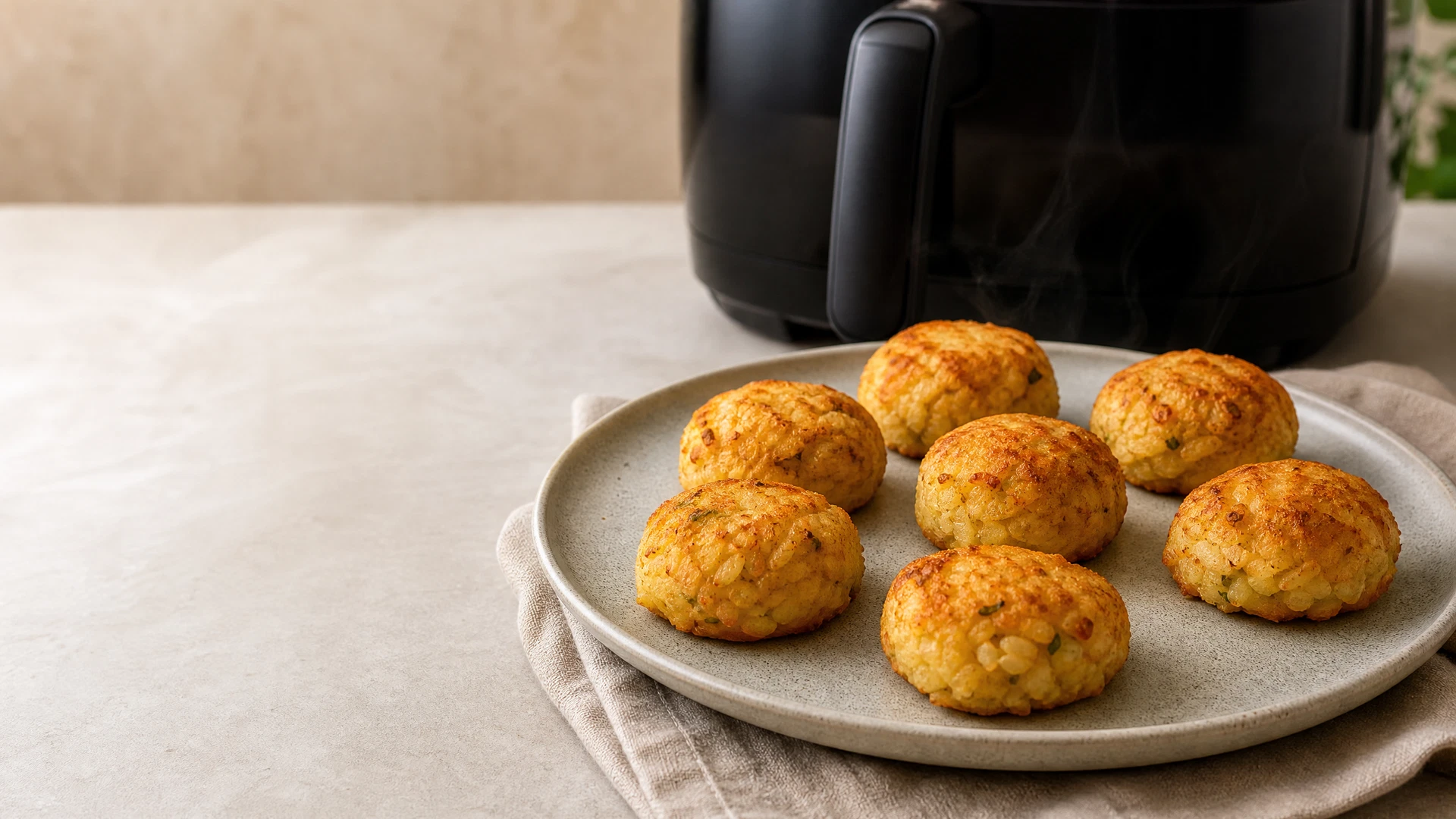 Bolinho de arroz dourado feito na airfryer servido em prato de cerâmica clara.