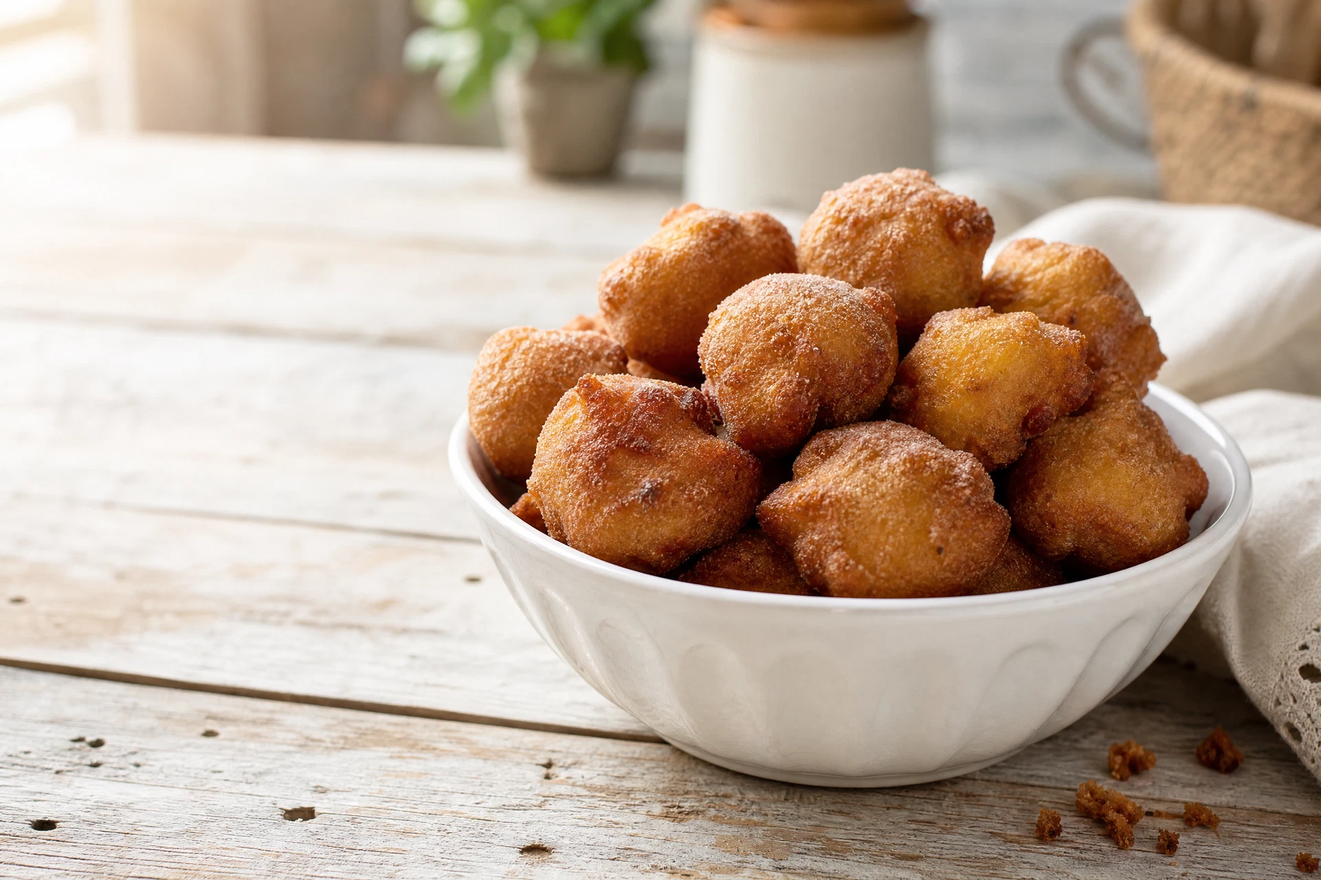 Tigela branca com bolinhos de chuva dourados e polvilhados com canela e açúcar.