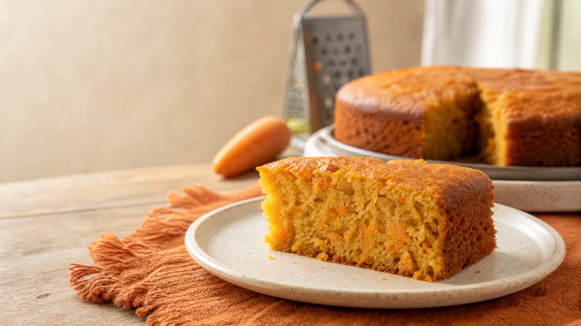 Fatia de bolo de cenoura feito à mão em prato claro, com cenoura e ralador ao fundo.