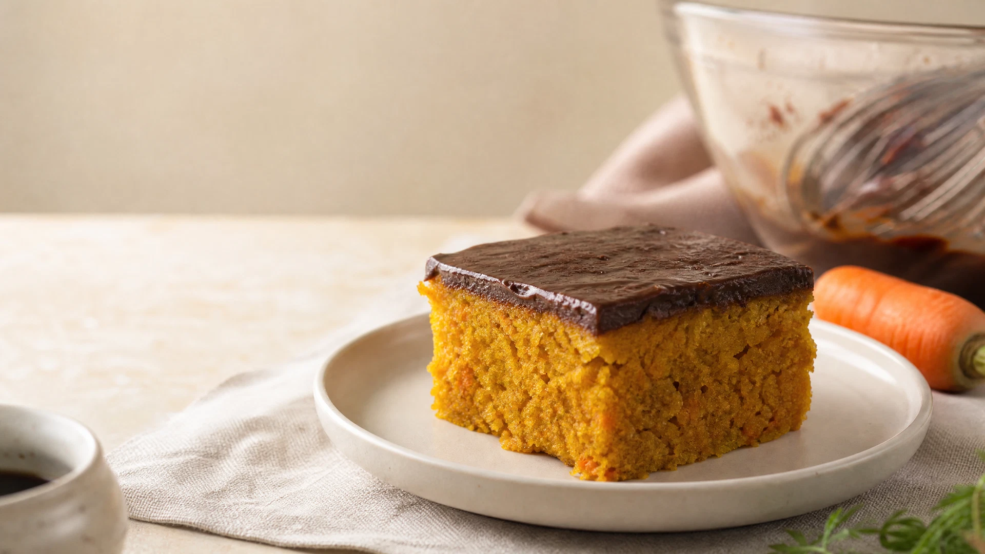 Fatia de bolo de cenoura sem ovo com fina cobertura de chocolate em prato claro.