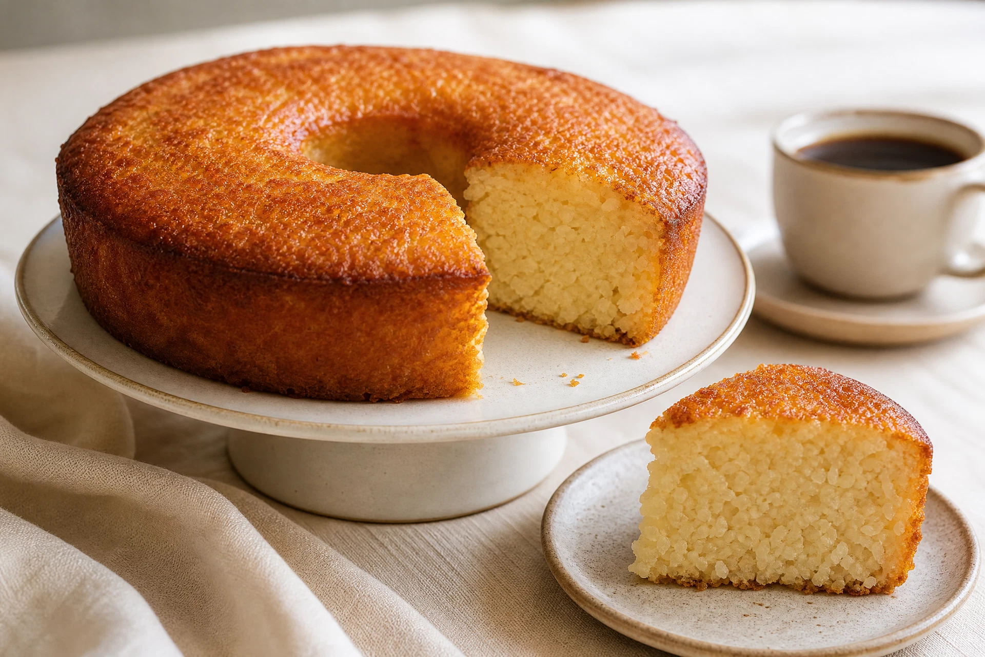 Bolo de arroz cru dourado com uma fatia cortada sobre suporte de cerâmica.