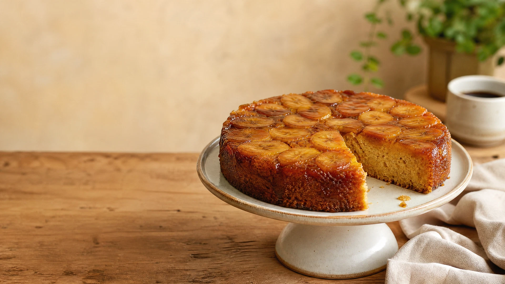 Bolo de banana caramelizado com cobertura de bananas douradas e uma fatia cortada em prato de cerâmica claro.
