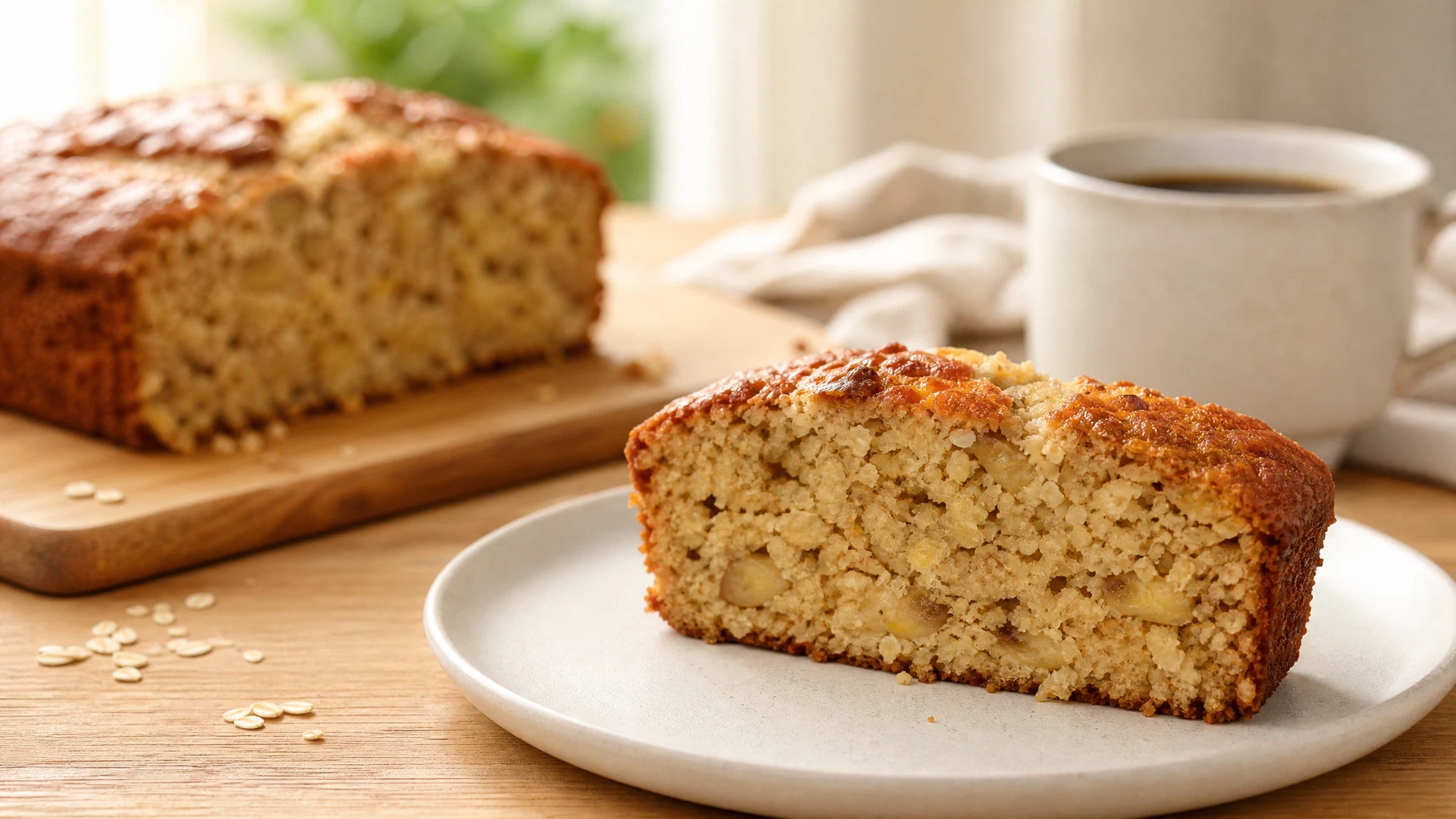 Fatia de bolo de banana com aveia de miolo dourado em prato de cerâmica claro, com café ao fundo.