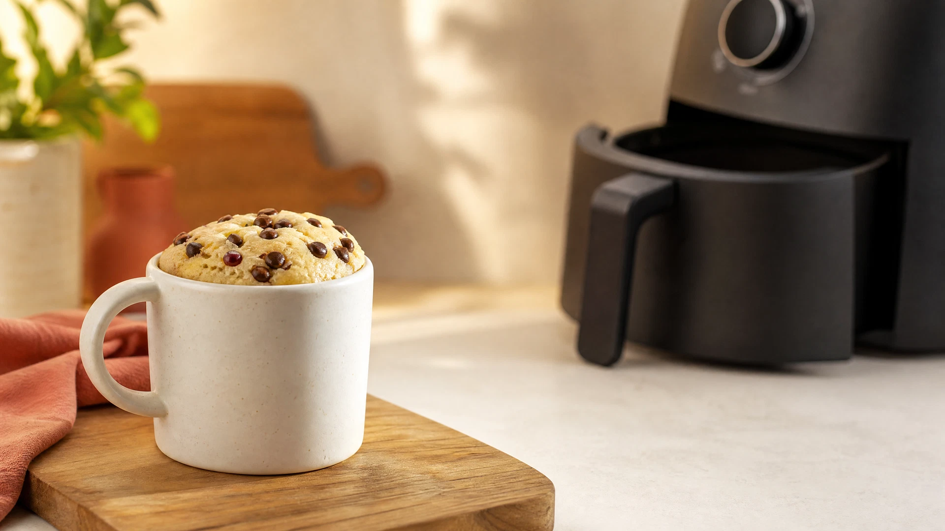 Bolo de caneca assado em caneca branca sobre tábua de madeira, com Air Fryer ao fundo.