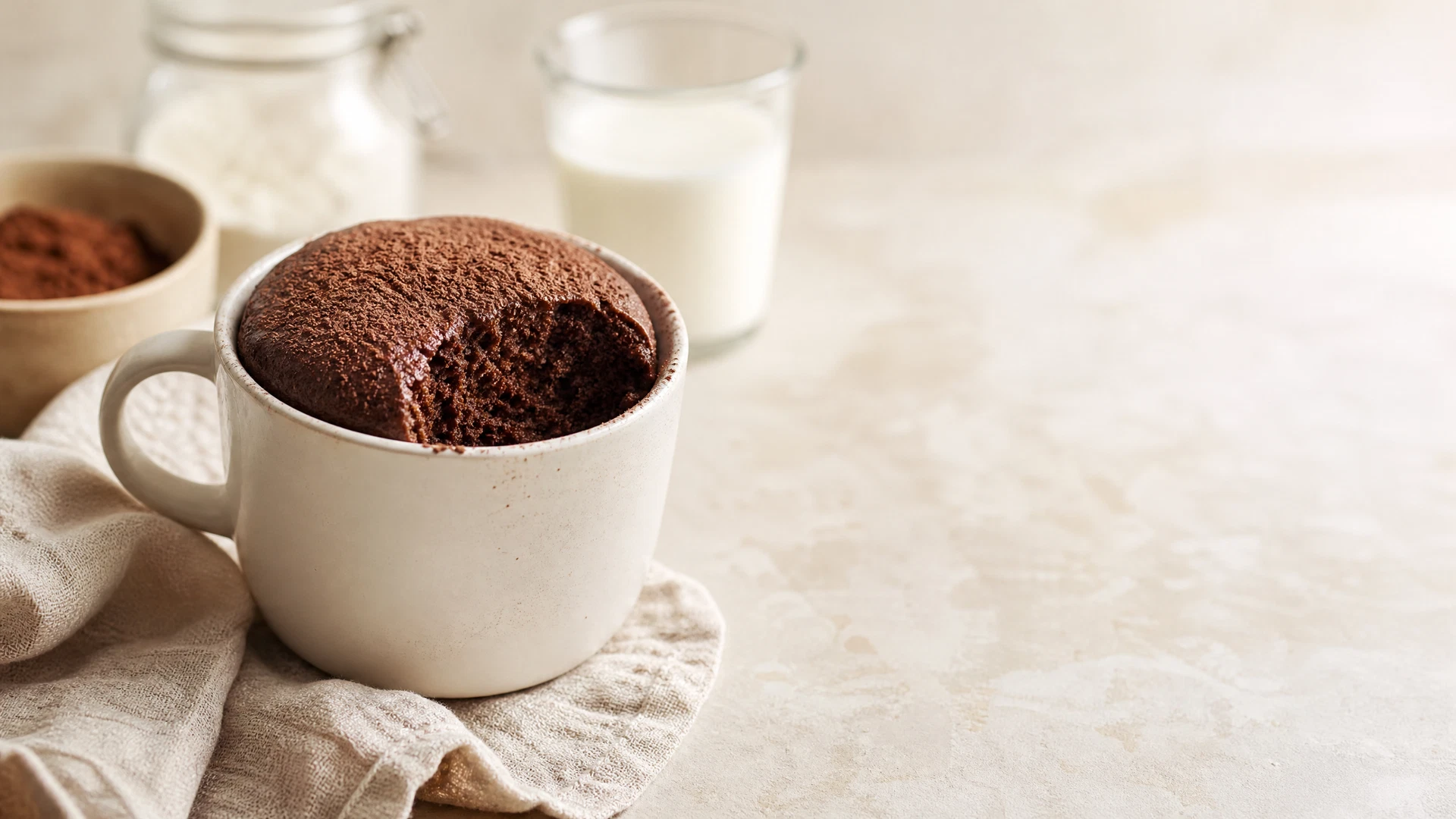 Bolo de caneca de chocolate sem ovo em caneca de cerâmica clara, com cacau em pó e copo de leite ao fundo.