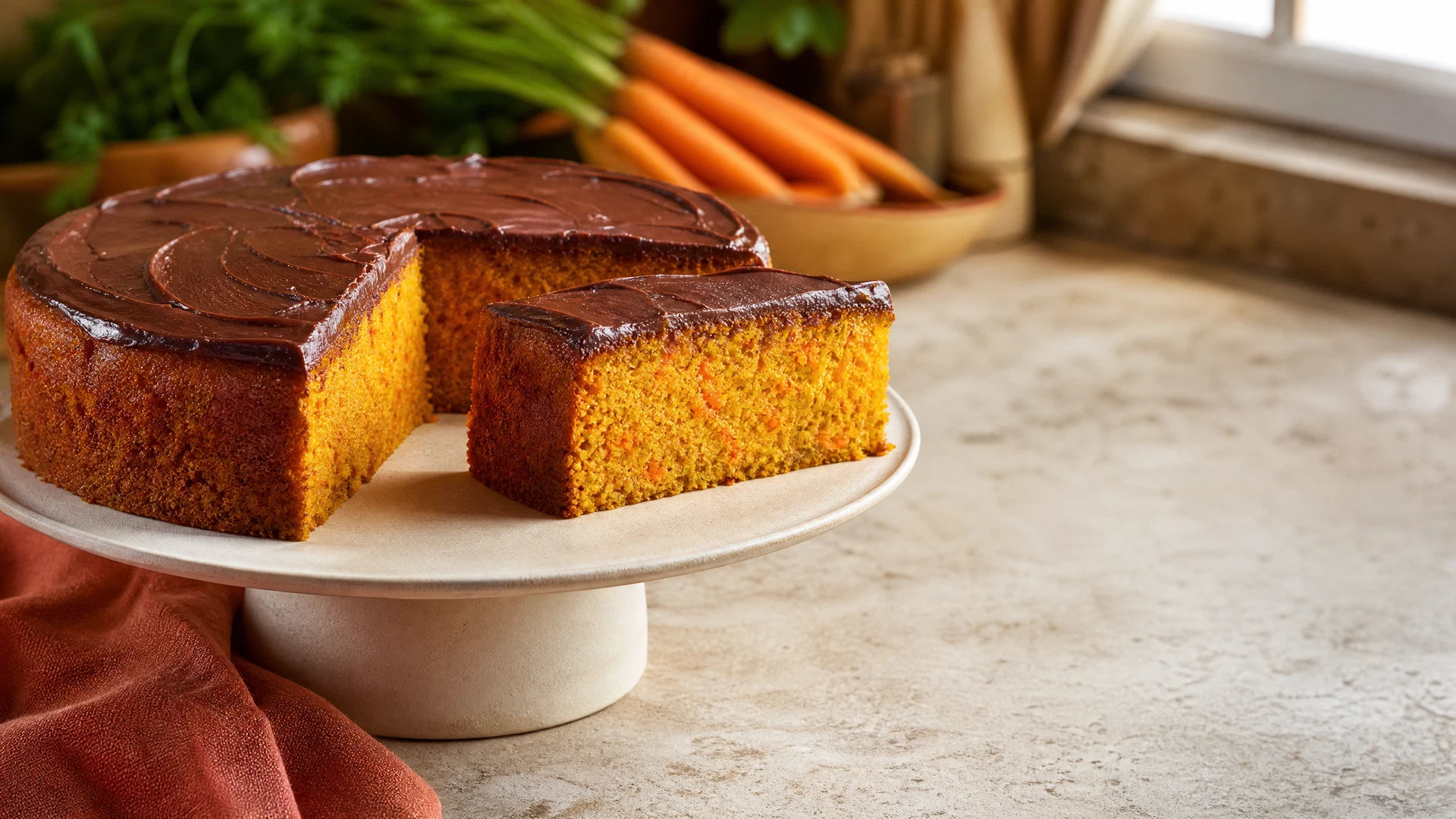 Bolo de cenoura dourado com cobertura de chocolate e uma fatia cortada sobre prato claro.