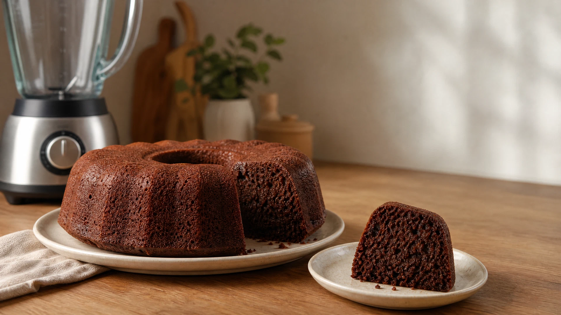 Bolo de chocolate simples com fatia cortada e liquidificador ao fundo em cozinha clara.