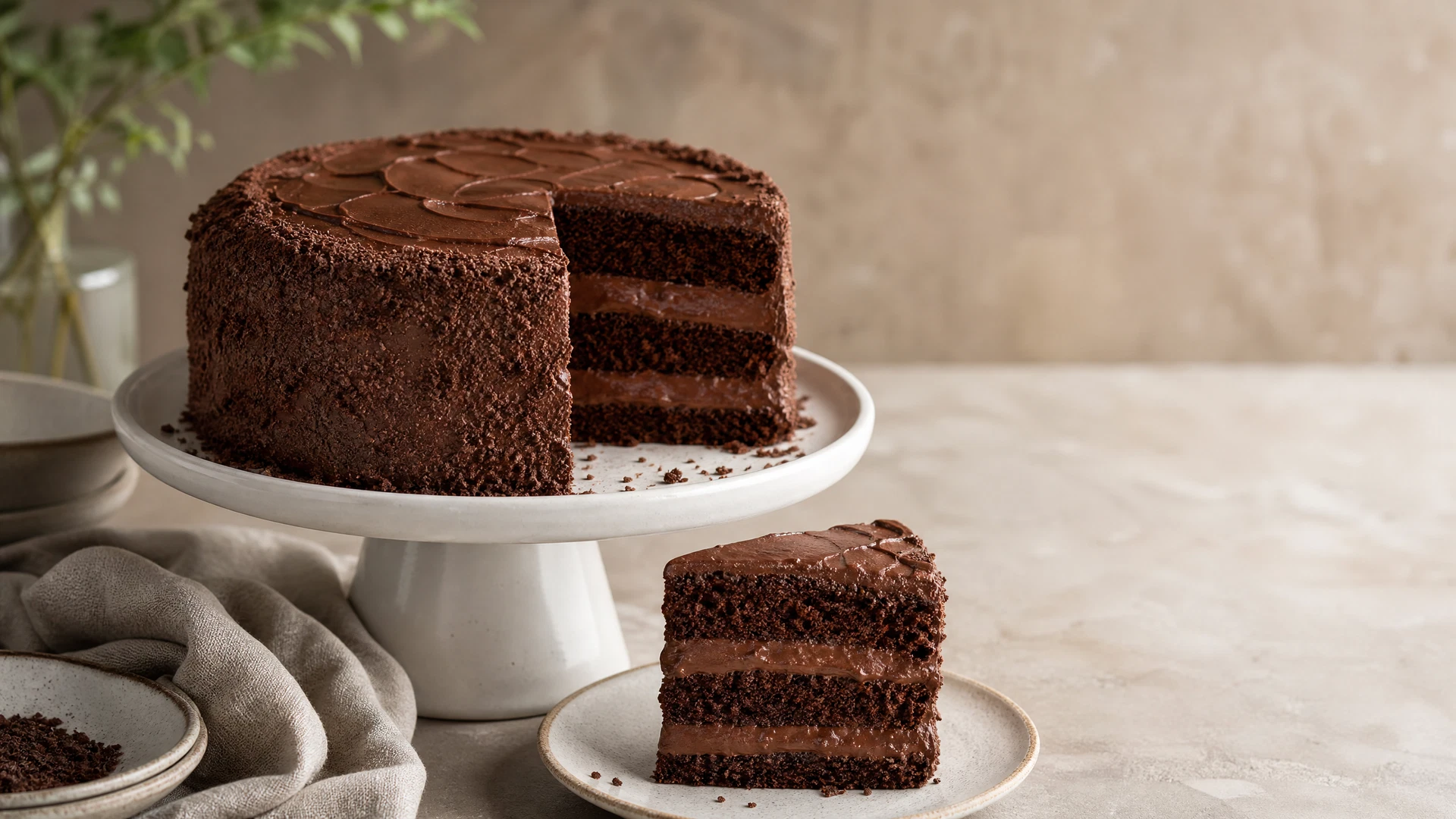 Bolo de chocolate em camadas com recheio cremoso de chocolate e uma fatia servida ao lado.