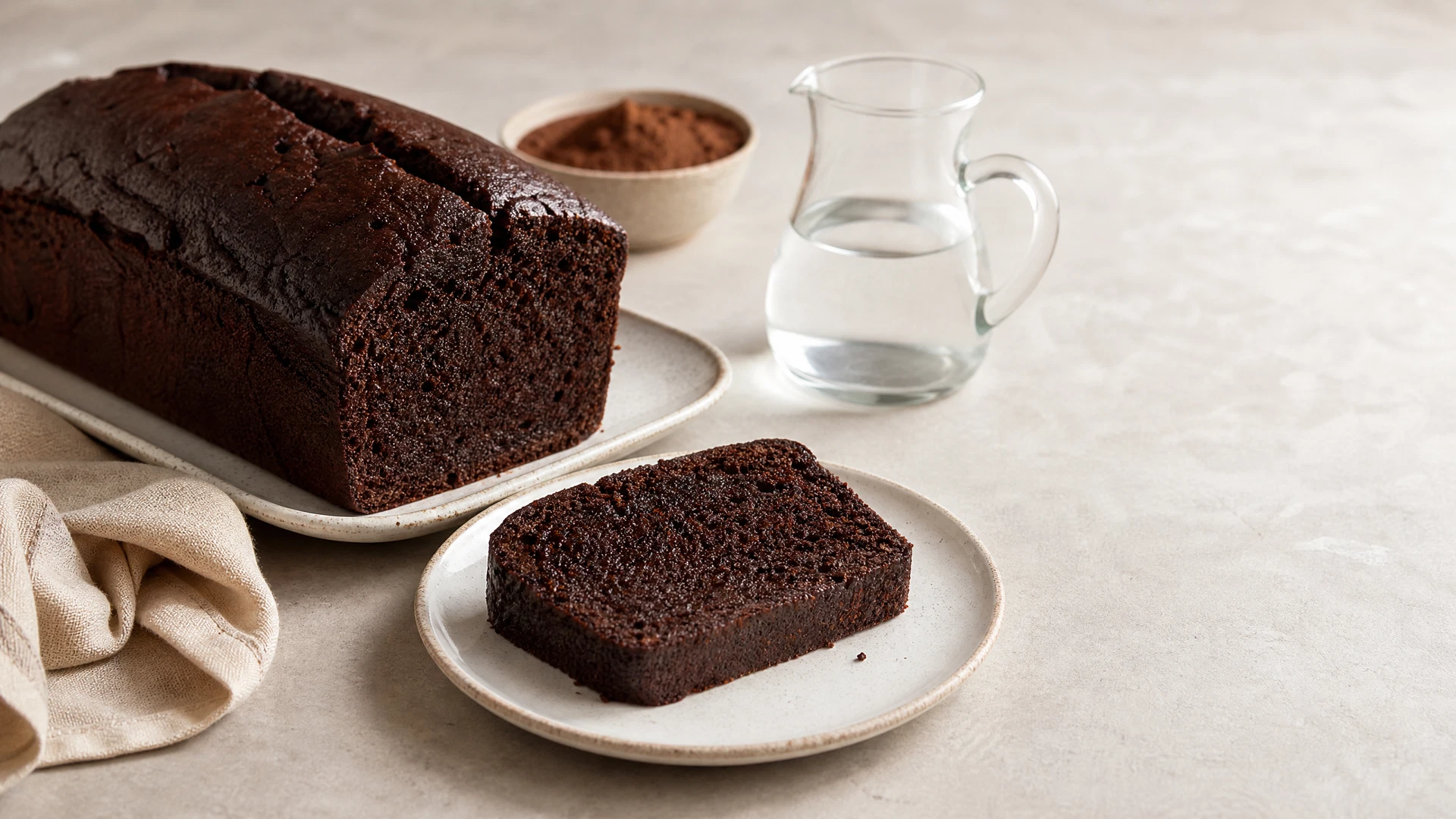 Bolo de chocolate sem leite em forma de pão com uma fatia servida, cacau e jarra de água ao fundo.