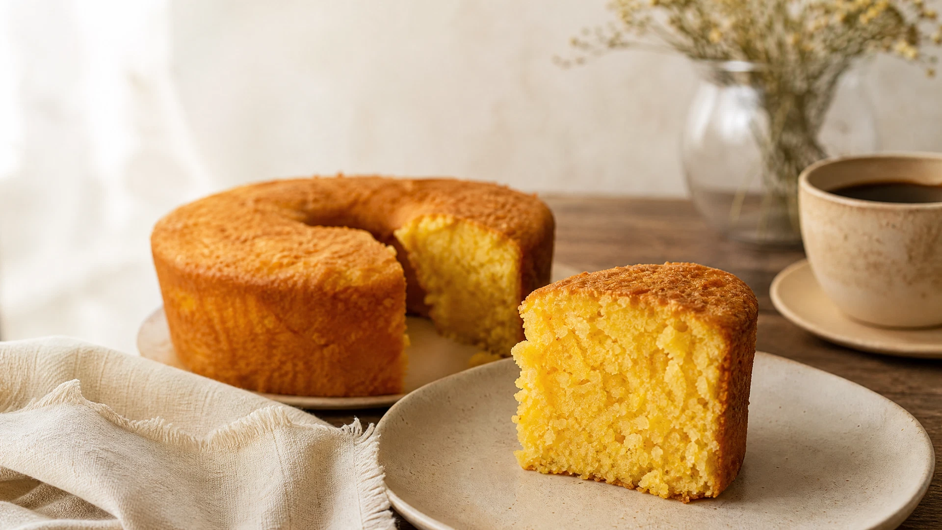 Fatia de bolo de flocão de milho com miolo amarelo e textura levemente rústica, servida em prato claro ao lado de café.