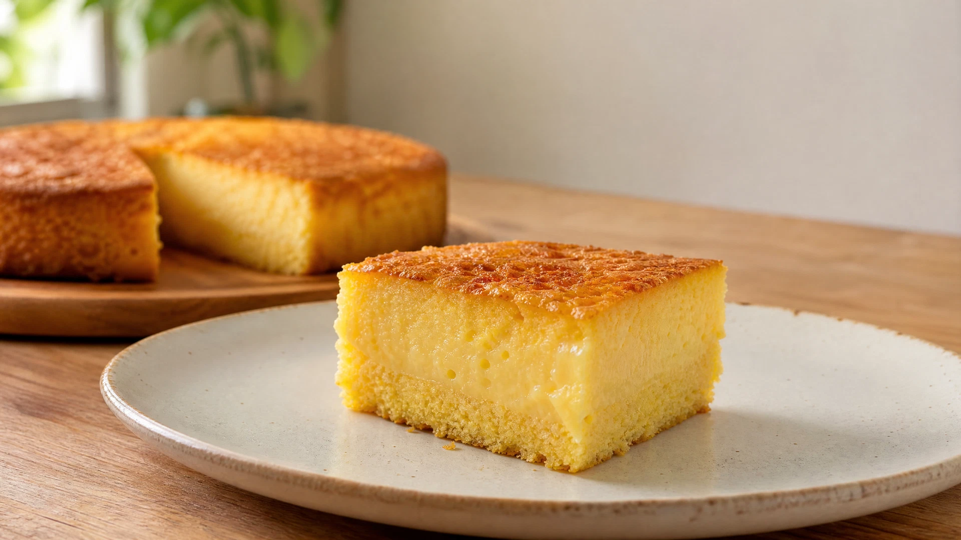Fatia de bolo de fubá cremoso com topo dourado e centro macio, servida em prato claro sobre mesa de madeira.