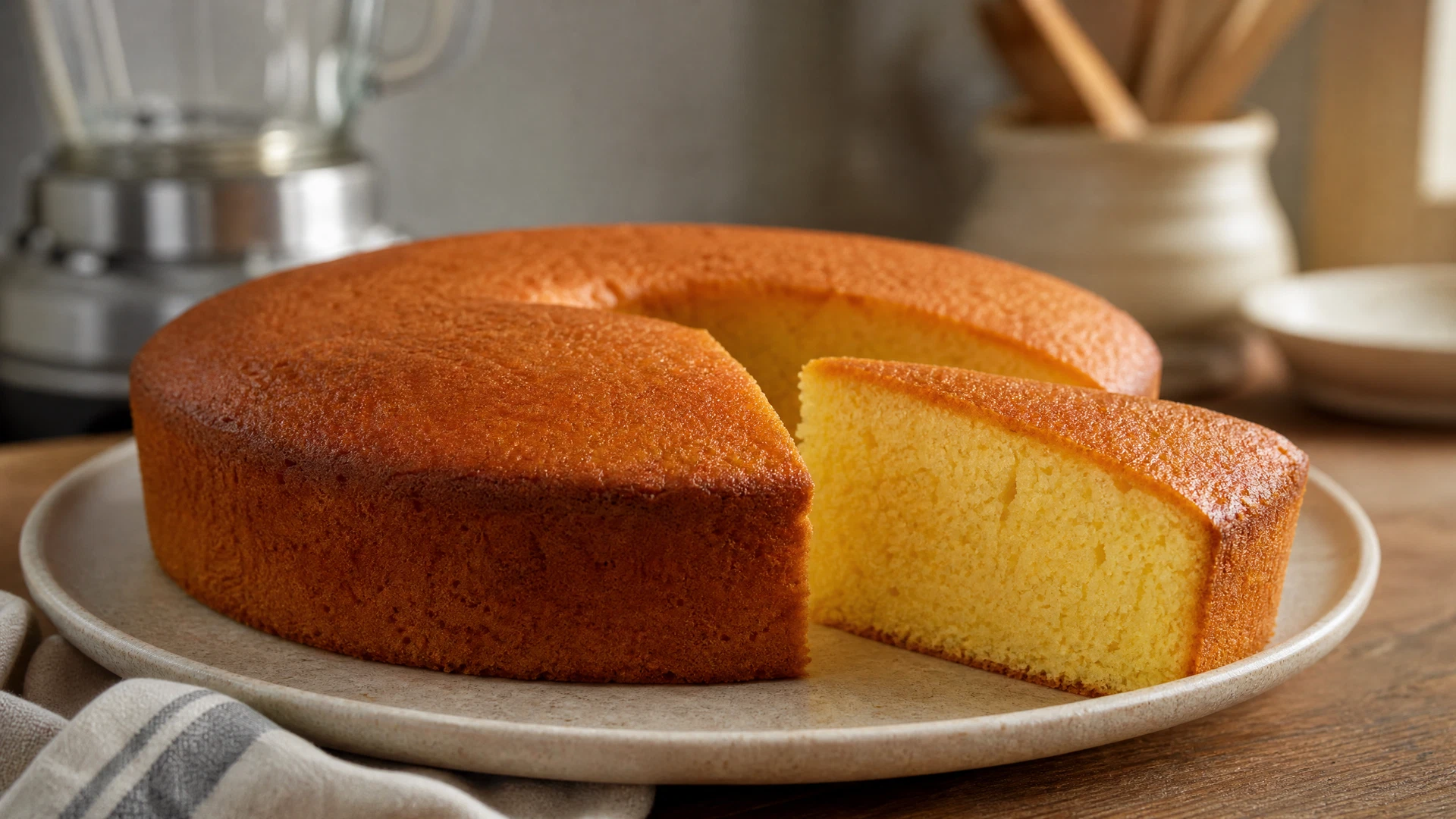 Fatia de bolo de fubá simples de liquidificador com miolo amarelo e topo dourado em prato de cerâmica.