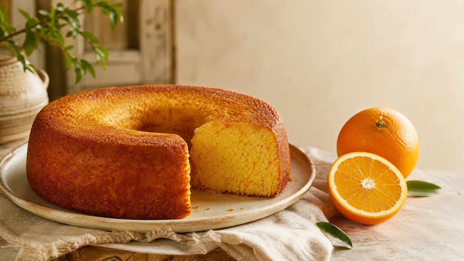 Bolo de laranja com casca em forma redonda, com uma fatia cortada e laranjas frescas ao lado.