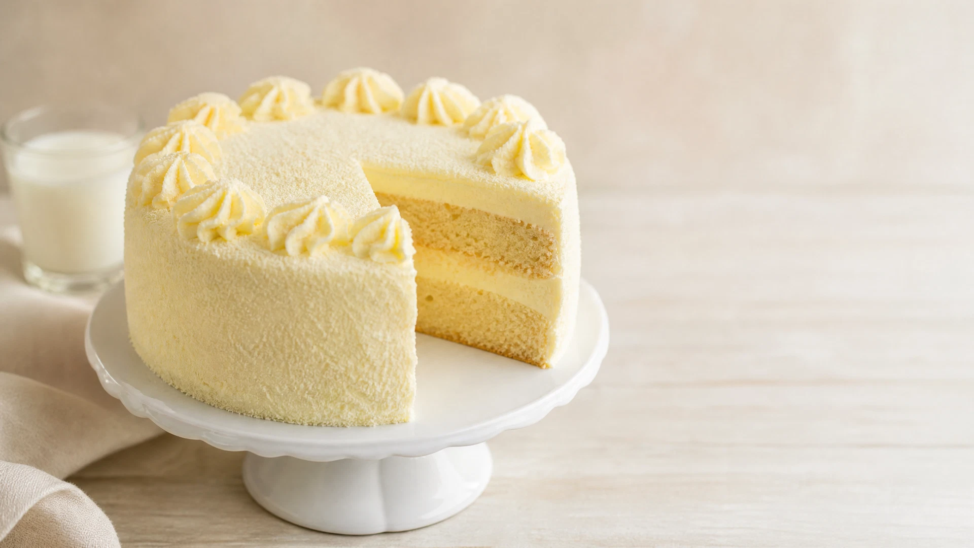 Bolo de leite Ninho com cobertura clara e fatia cortada em suporte branco, finalizado com leite em pó.
