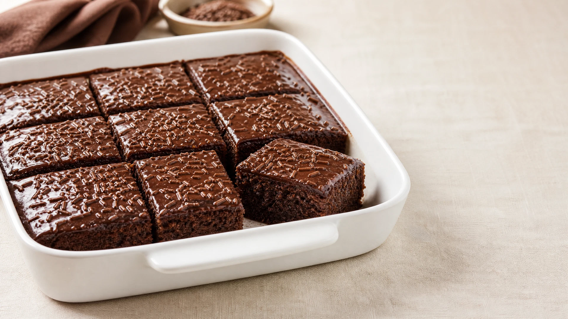 Quadrados de bolo gelado de chocolate em assadeira branca, com cobertura brilhante e granulado discreto.