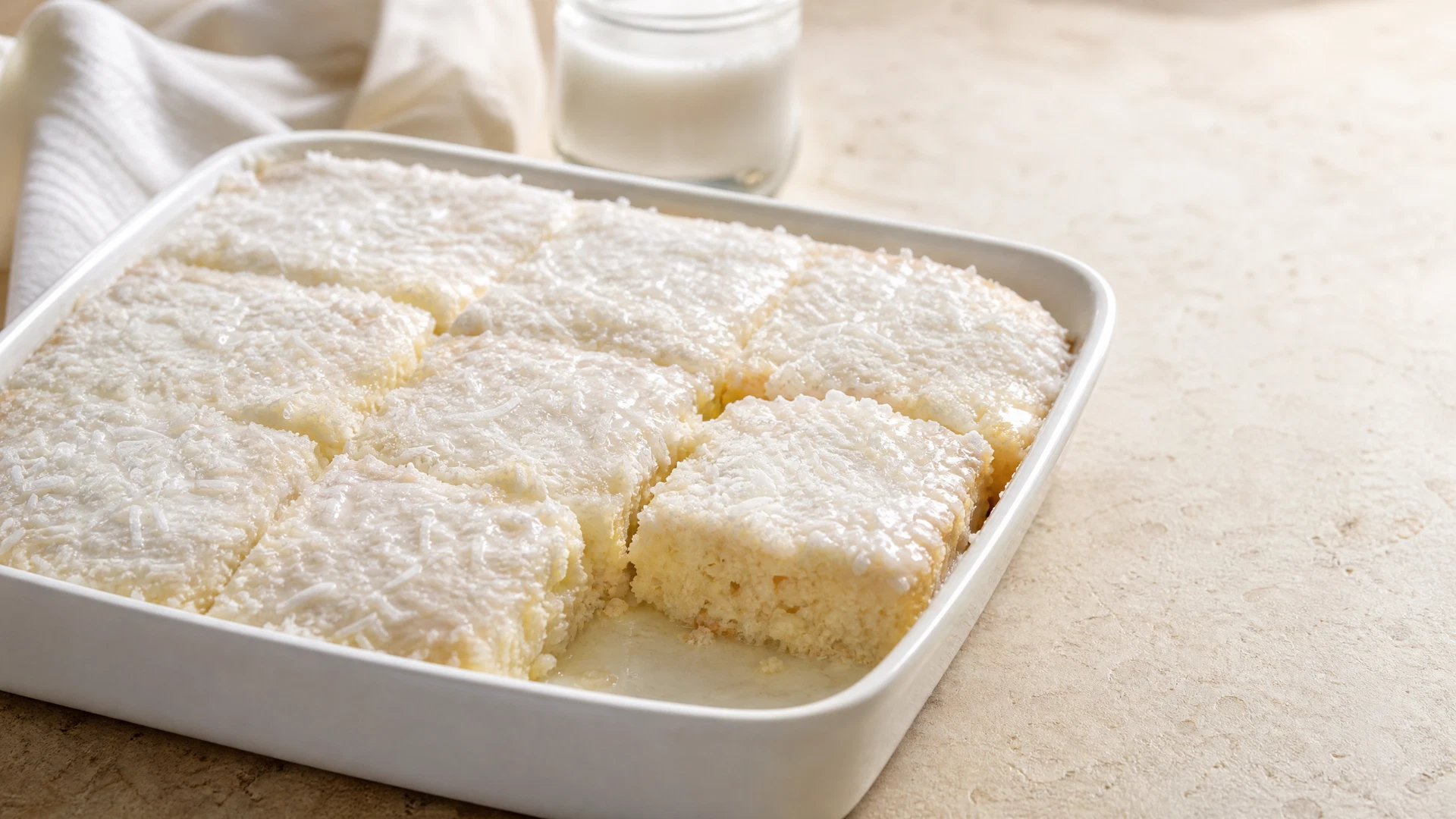 Bolo gelado de coco cortado em quadrados, coberto com coco ralado e servido em uma assadeira branca.