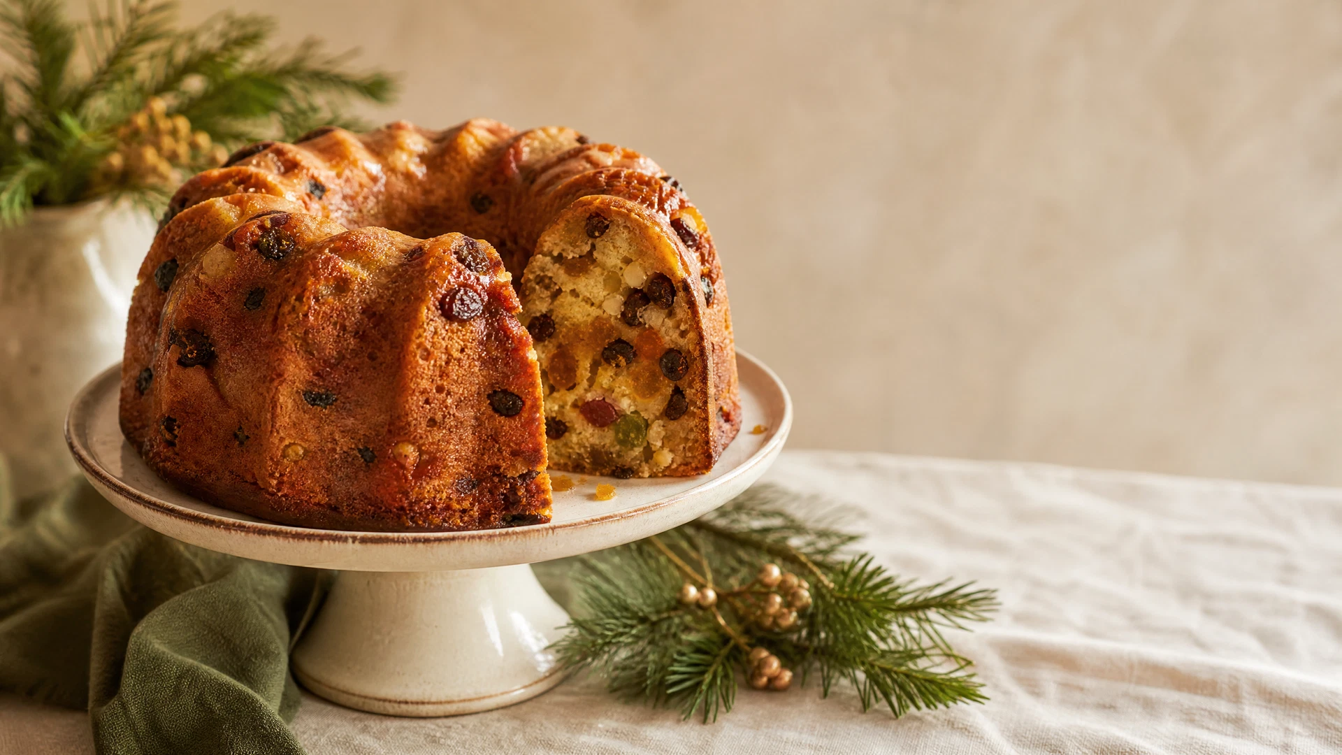 Bolo de Natal dourado com frutas secas e nozes em prato de cerâmica sobre mesa clara.
