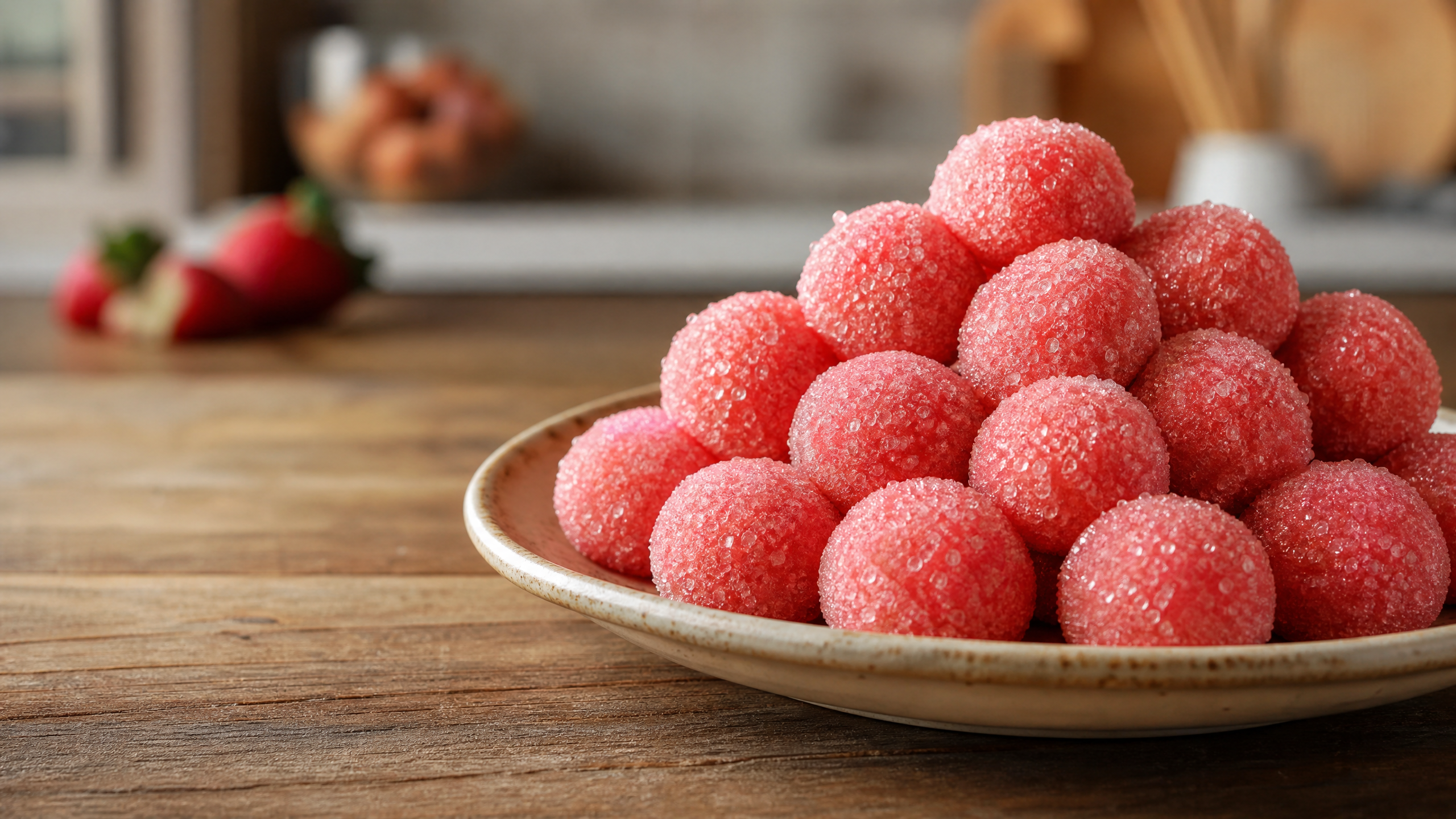 Brigadeiros bicho de pé em formato de bolinhas perfeitamente enroladas, cobertas com açúcar cristal e dispostas sobre um prato branco em fundo neutro.