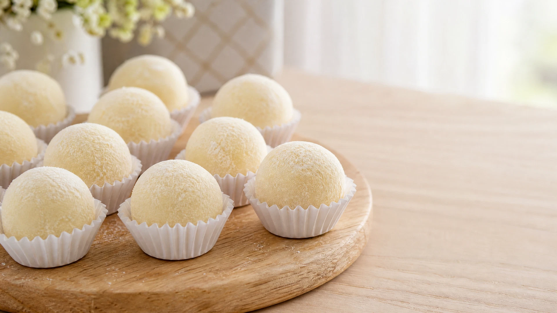 Brigadeiros brancos enrolados e finalizados em leite em pó sobre uma travessa de madeira clara