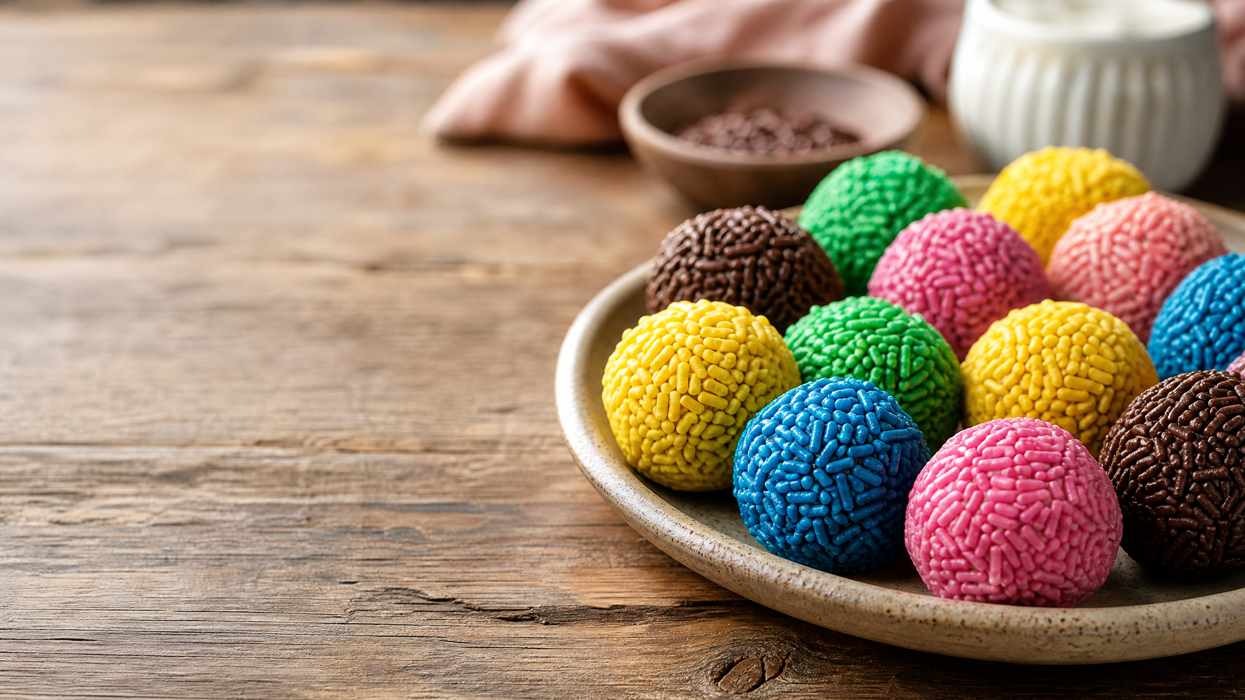 Prato com brigadeiros coloridos em tons pastéis organizados em forminhas de papel para festa infantil, com granulado delicado na superfície.