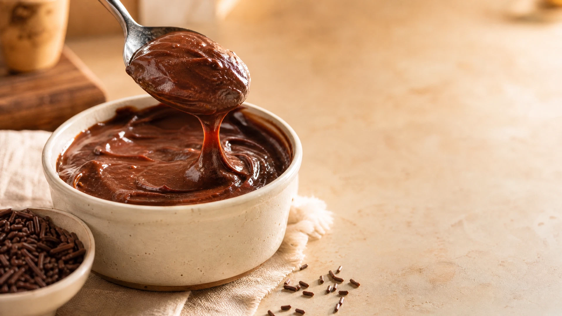 Brigadeiro de colher cremoso em ramequim de cerâmica com colher servindo uma porção