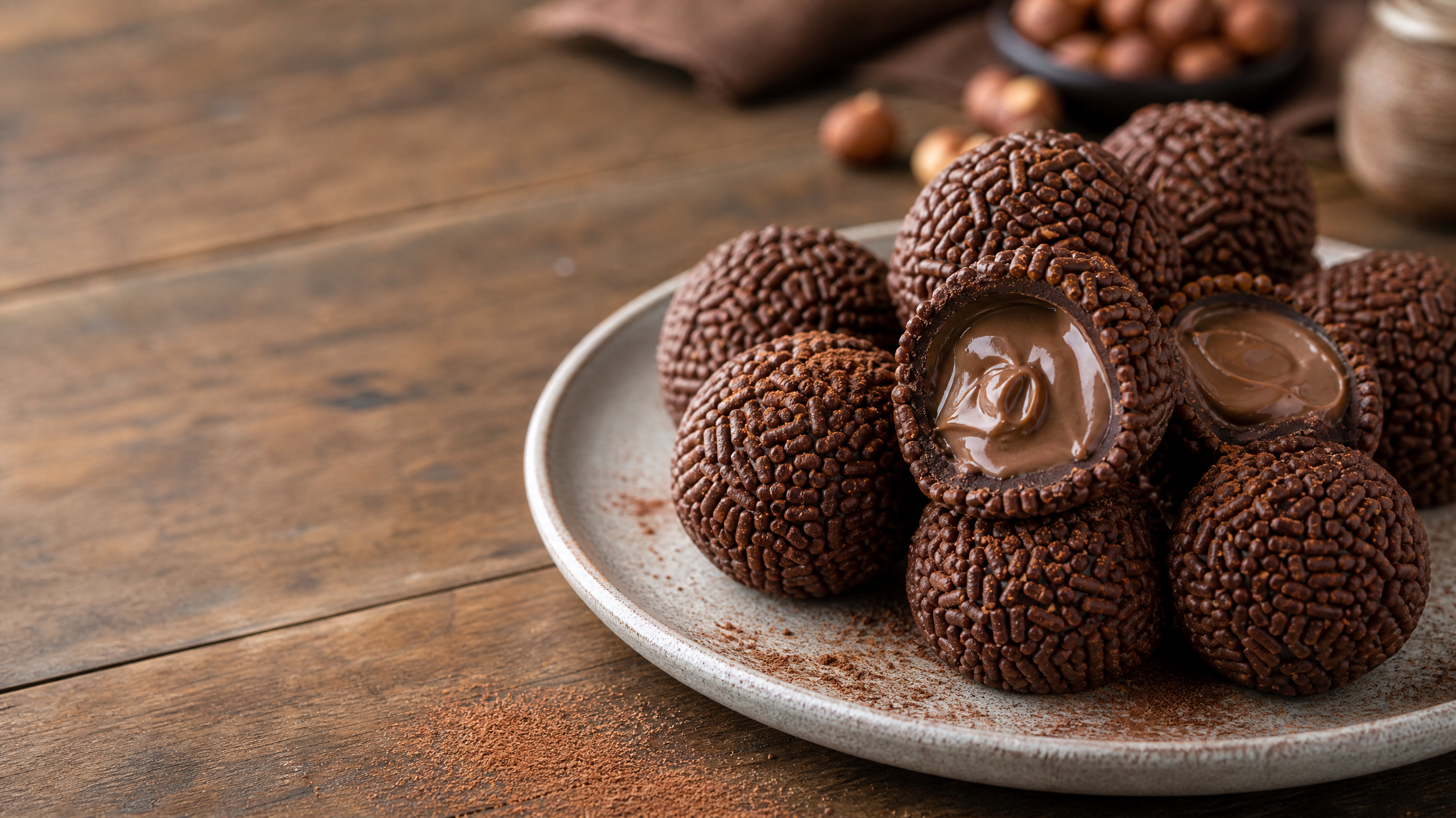 Prato de cerâmica branca com brigadeiros artesanais de Nutella enrolados, polvilhados com cacau em pó e decorados com metades de avelãs torradas no topo.