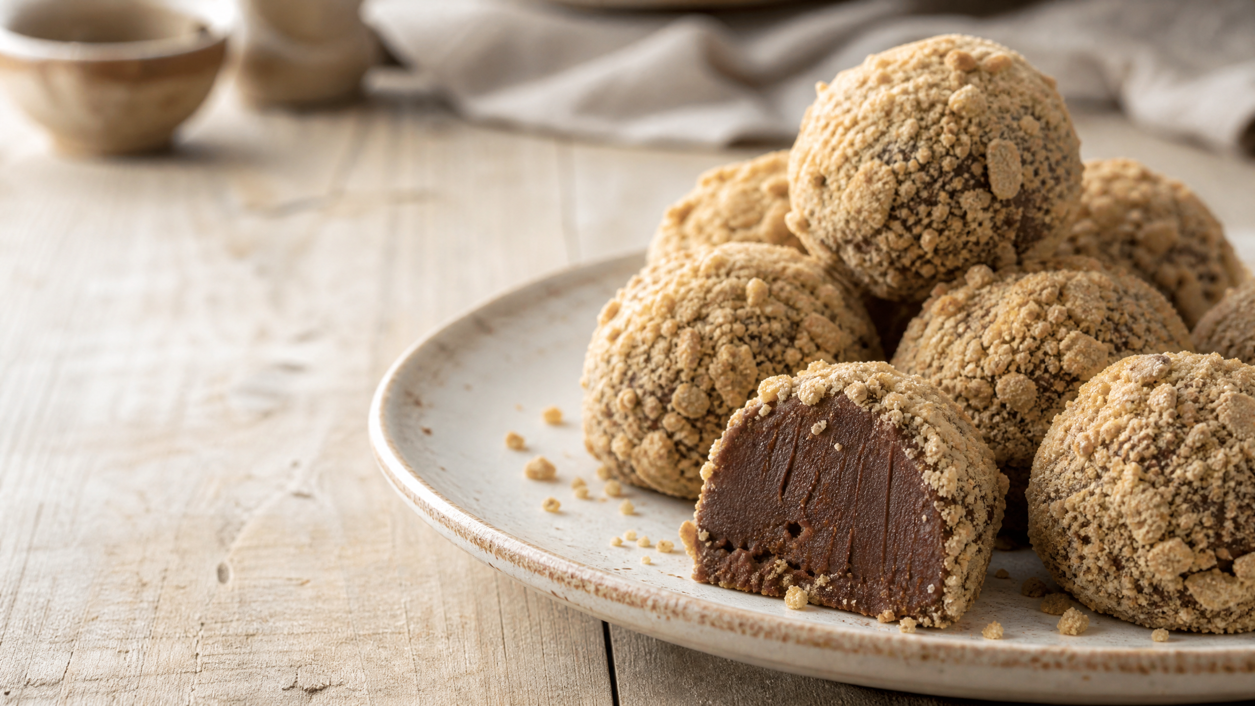 Prato com brigadeiros de paçoca cremosos cobertos com pedaços de amendoim triturado