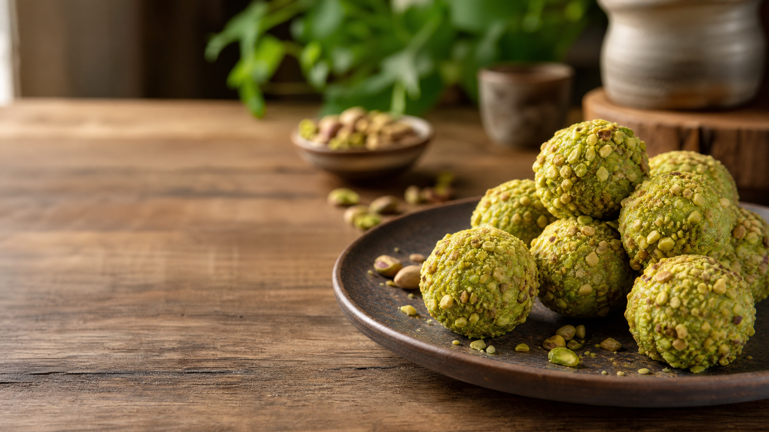 Brigadeiro gourmet de pistache enrolado artesanalmente, decorado com pedaços de pistache triturado por cima, disposto em forminha elegante sobre fundo neutro.