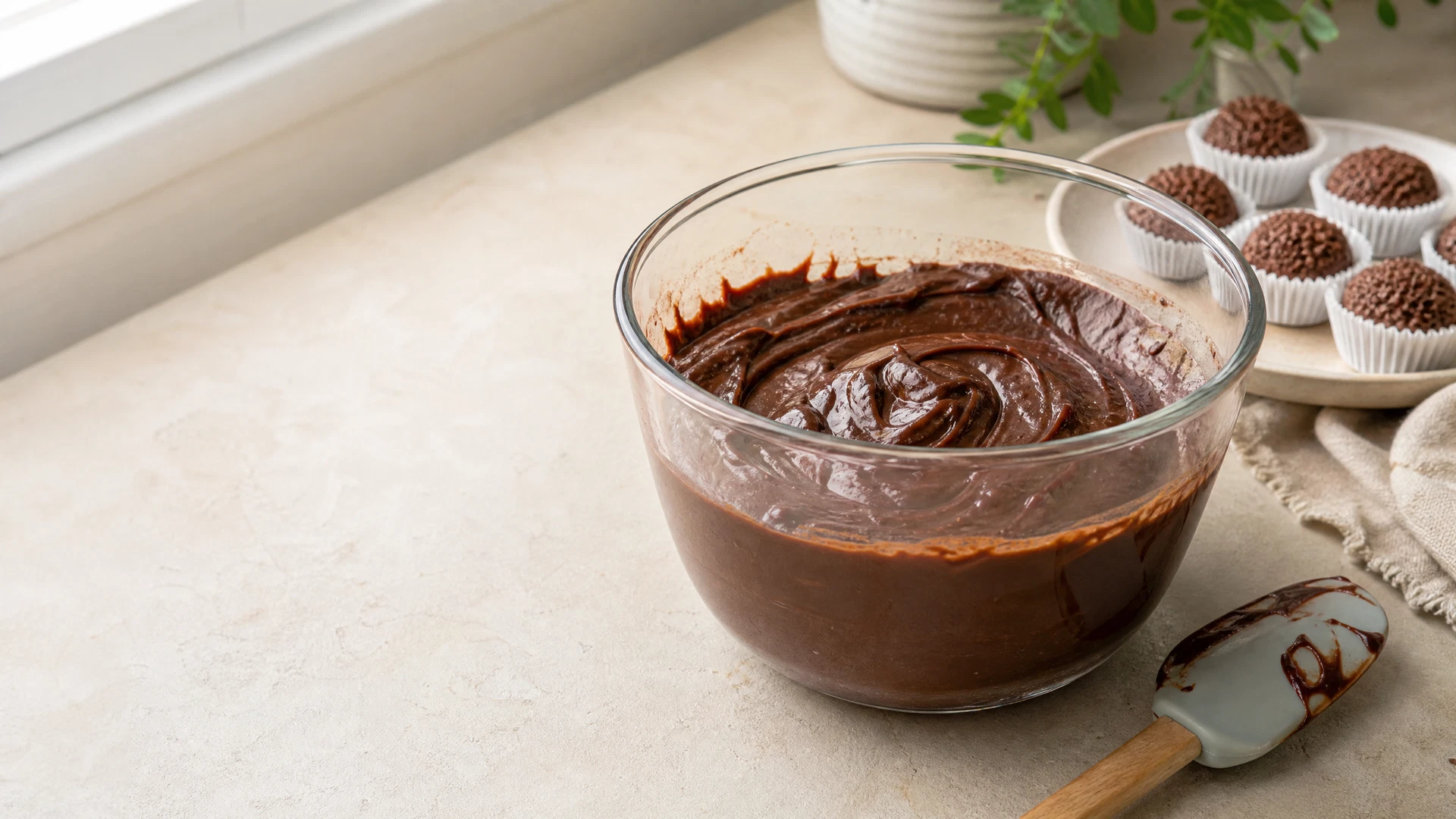 Brigadeiro de chocolate cremoso em uma tigela de vidro alta própria para micro-ondas