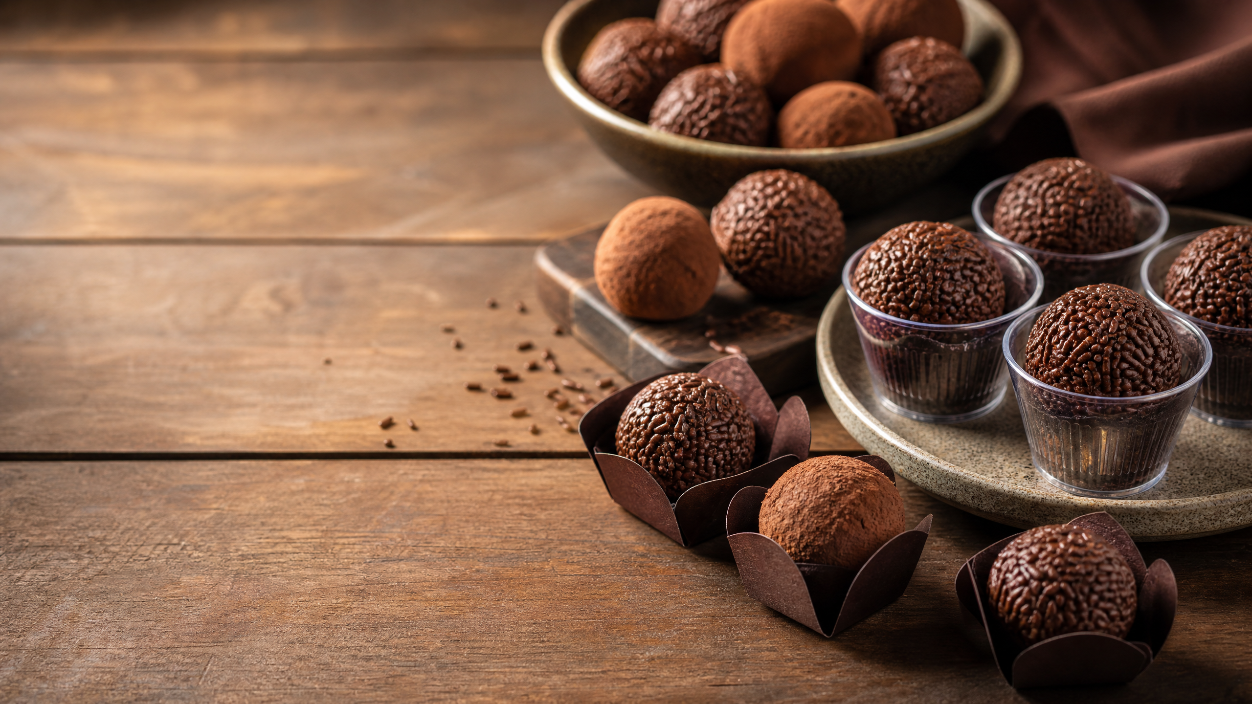 Foto em plano detalhe de uma caixa de brigadeiros gourmet artesanais variados, com diferentes coberturas como granulado belo, castanhas e cacau, perfeitamente dispostos em forminhas sobre uma bancada de madeira clara.