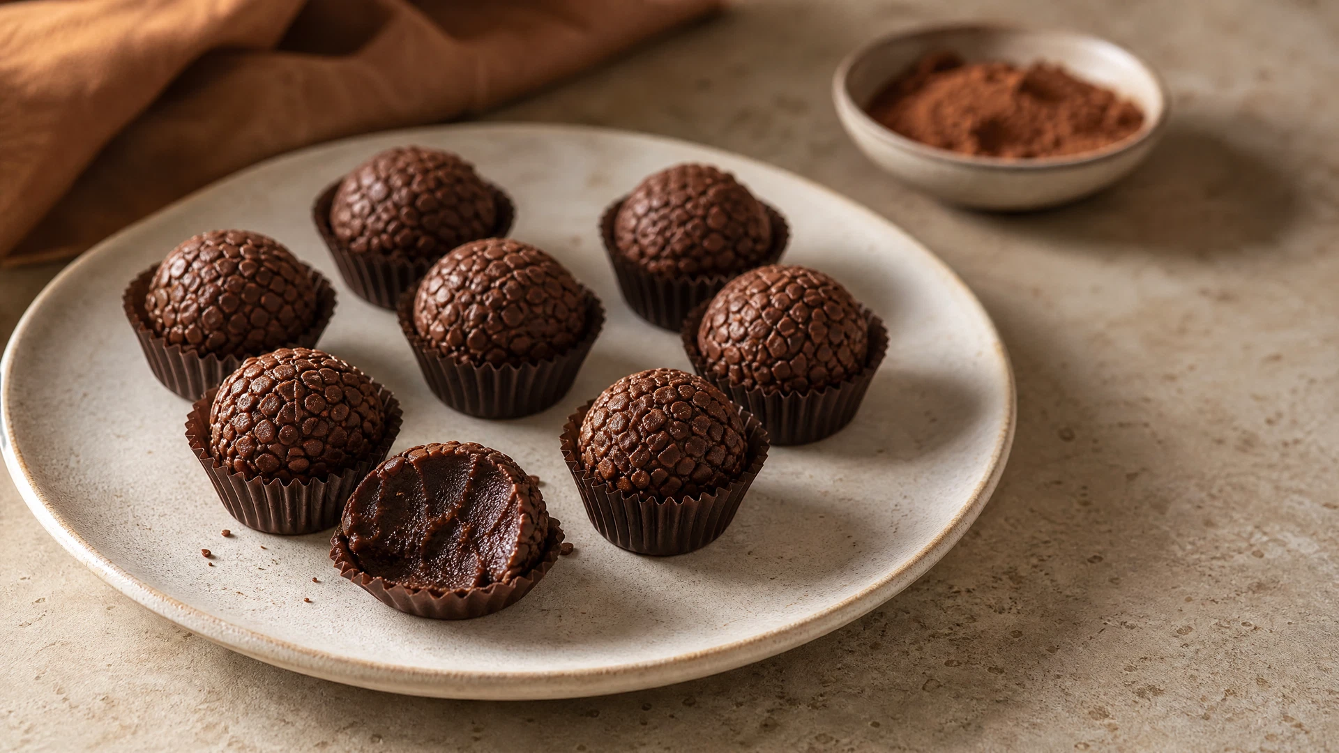 Brigadeiros de chocolate sem leite condensado em forminhas de papel sobre prato de cerâmica claro
