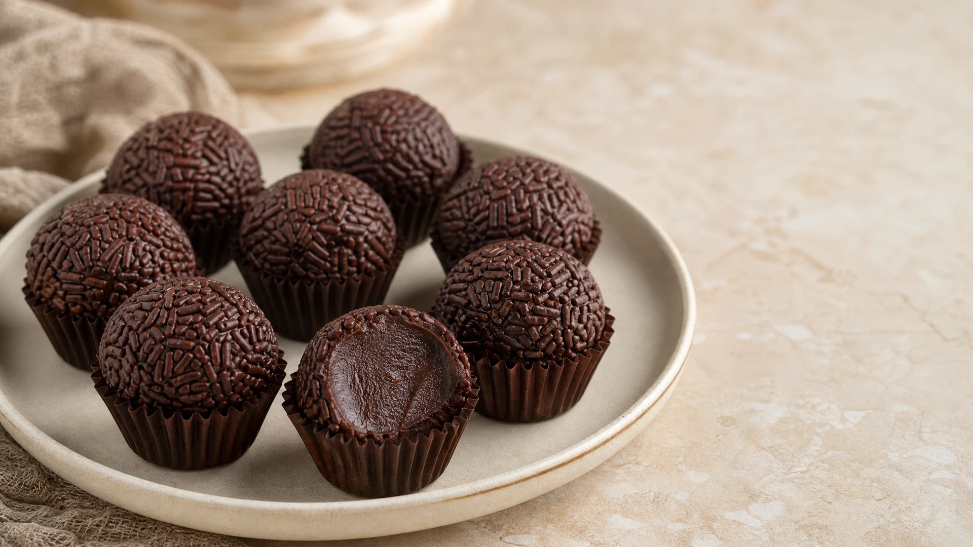 Brigadeiros de chocolate em forminhas de papel sobre prato claro, para a receita sem manteiga