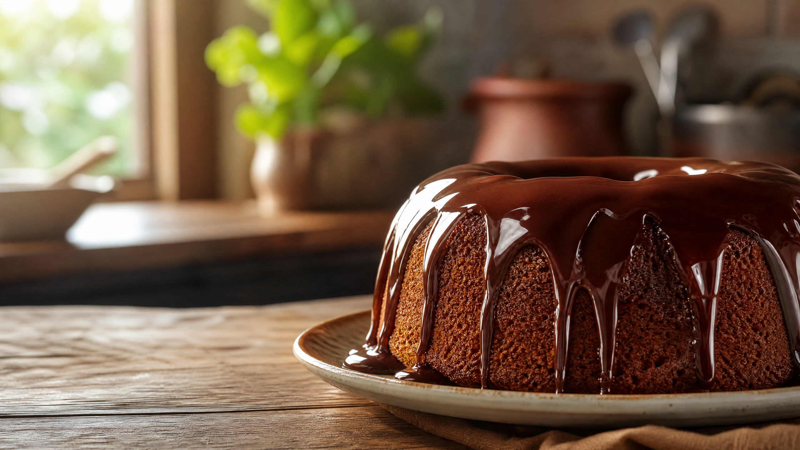 Panela de metal escovado contendo calda de brigadeiro de chocolate brilhante e fluida sendo despejada sobre um bolo artesanal.