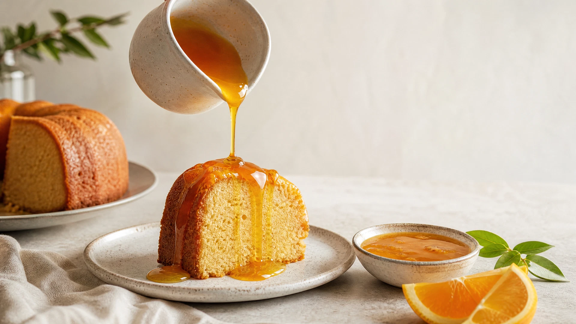 Calda de laranja sendo despejada sobre uma fatia de bolo claro, com laranjas frescas e um pequeno bowl de cobertura.